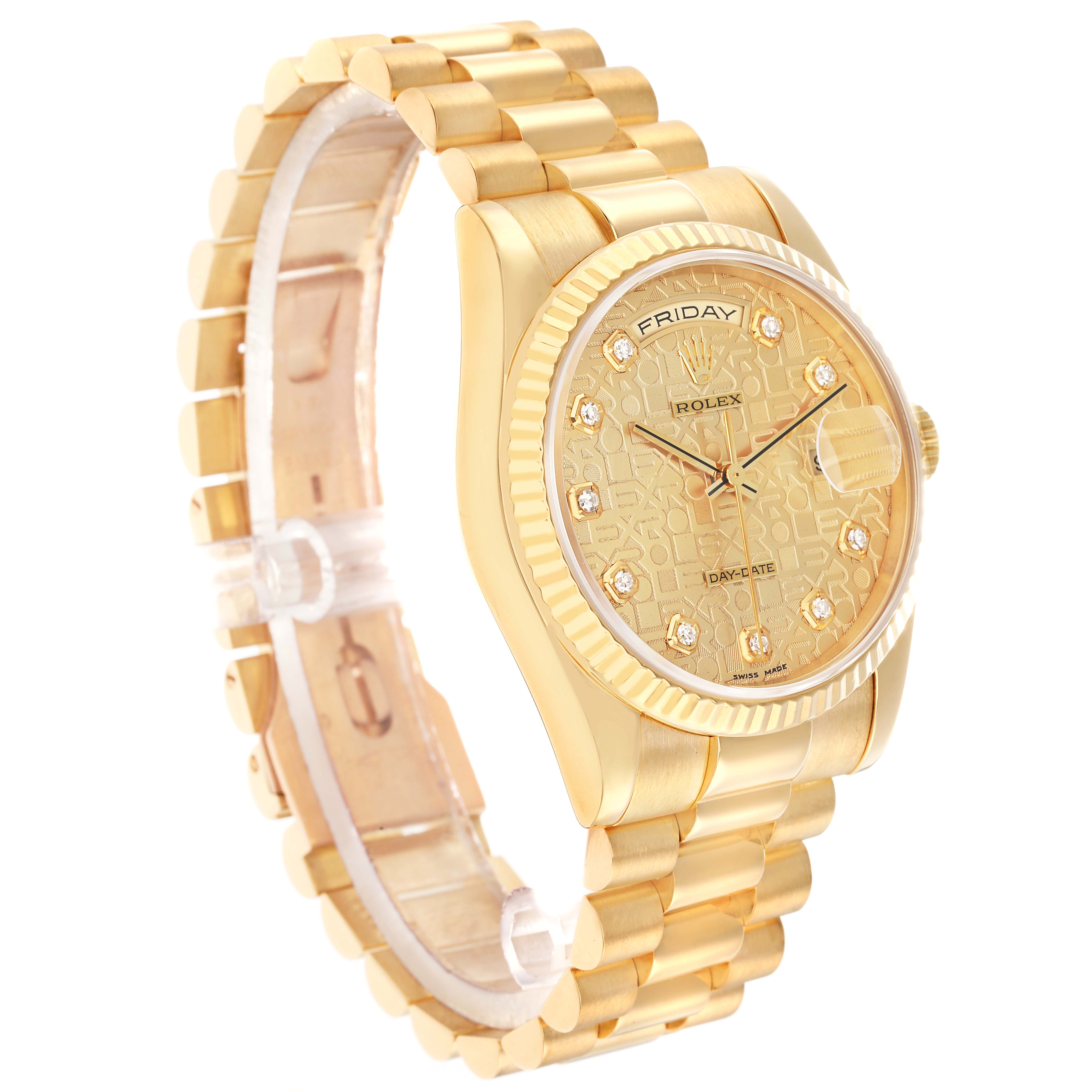 The Rolex President 118238 Men
s Yellow Gold Champagne Dial model watch is shown at a slight angle, highlighting the dial, bezel, and bracelet.