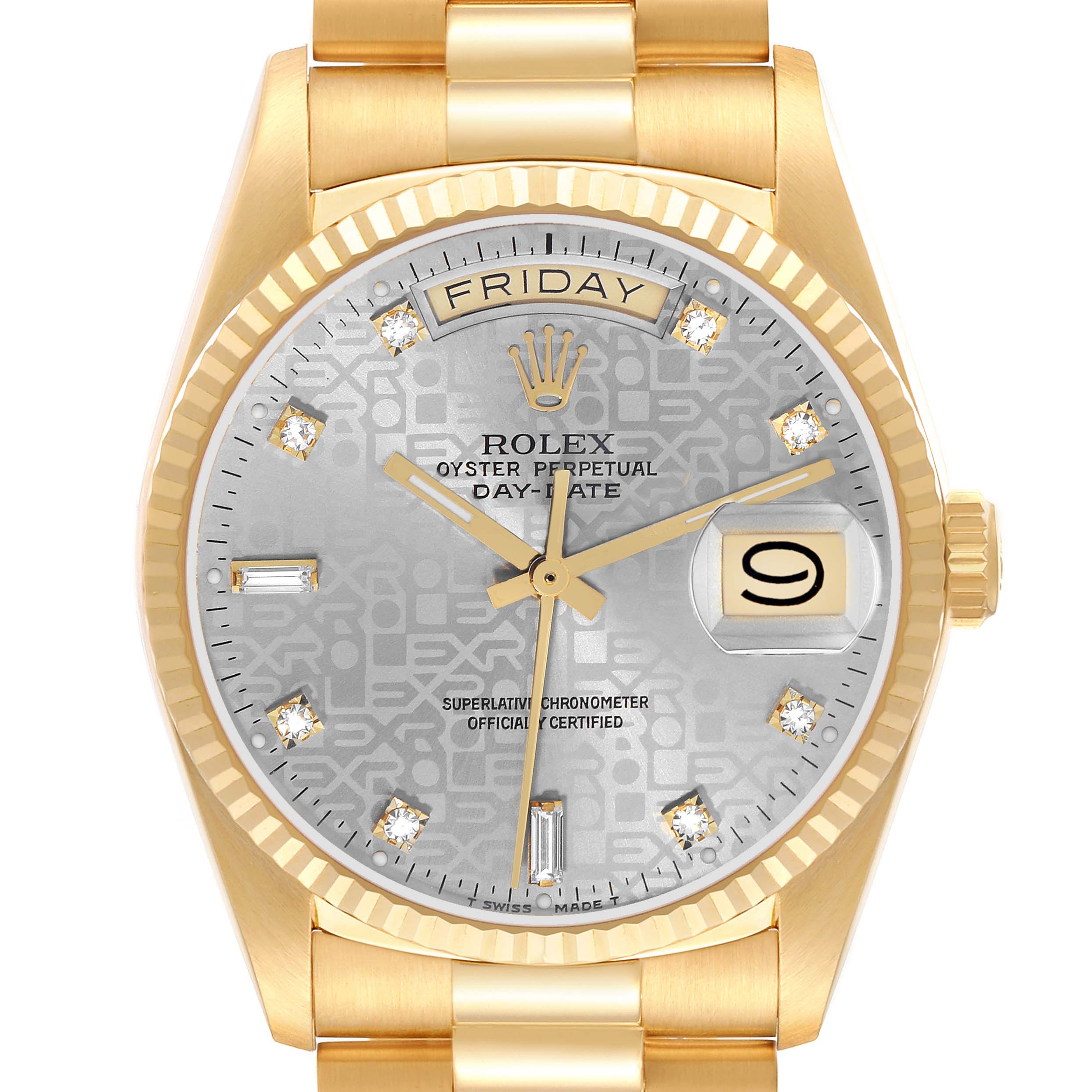The Rolex President 18038 Men
s Yellow Gold Silver Dial model is shown from a top-down angle, highlighting the dial, bezel, and part of the bracelet.