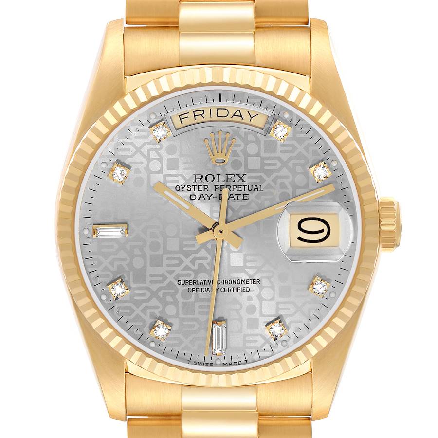 The Rolex President 18038 Men's Yellow Gold Silver Dial model is shown from a top-down angle, highlighting the dial, bezel, and part of the bracelet.