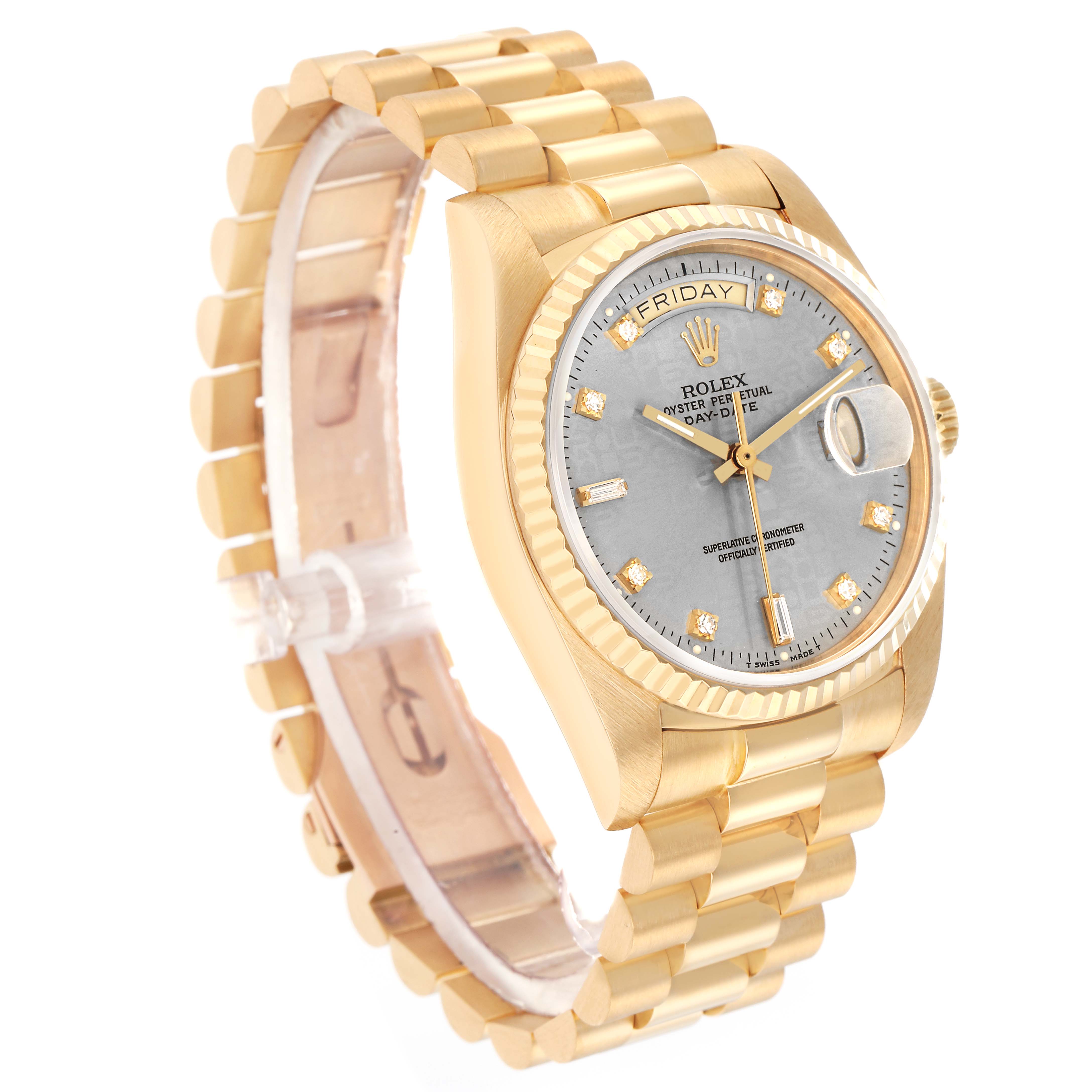 The Rolex President 18038 Men
s Yellow Gold Silver Dial model is shown at an angled view, displaying the dial, bezel, and part of the bracelet.