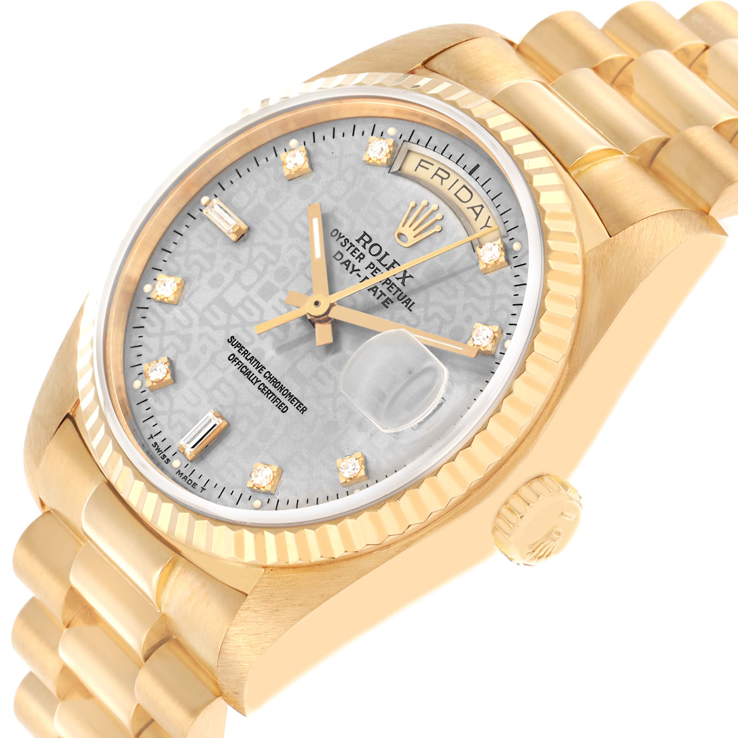 The image shows a Rolex President 18038 Men
s Yellow Gold Silver Dial model watch at an oblique angle, highlighting the dial, fluted bezel, bracelet, and crown.