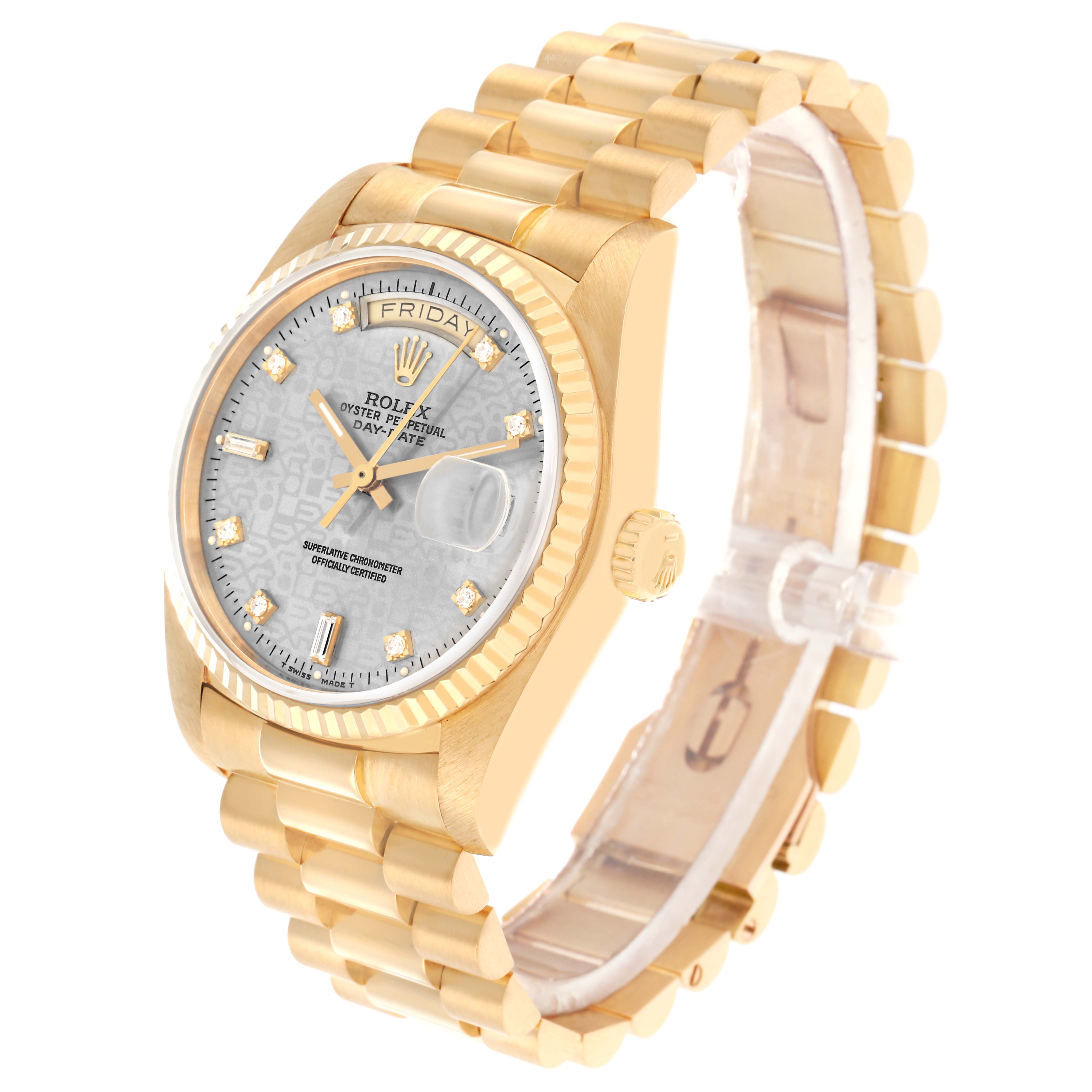 The Rolex President 18038 Men
s Yellow Gold Silver Dial watch is shown at a three-quarter angle, highlighting the face, bracelet, and bezel.
