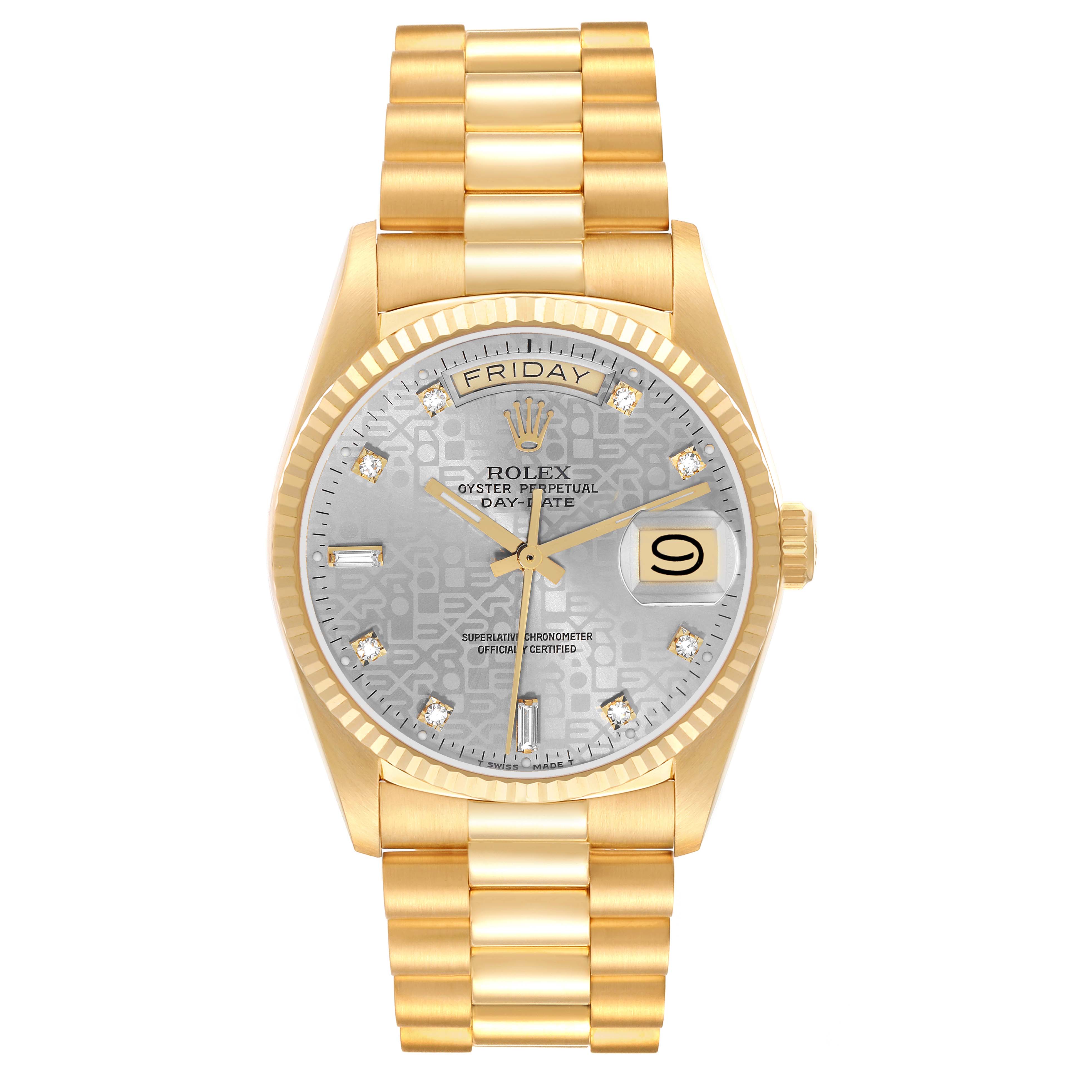 The Rolex President 18038 Men
s Yellow Gold Silver Dial model watch is shown from the front, displaying its gold case, bracelet, and diamond-accented dial with day-date windows.