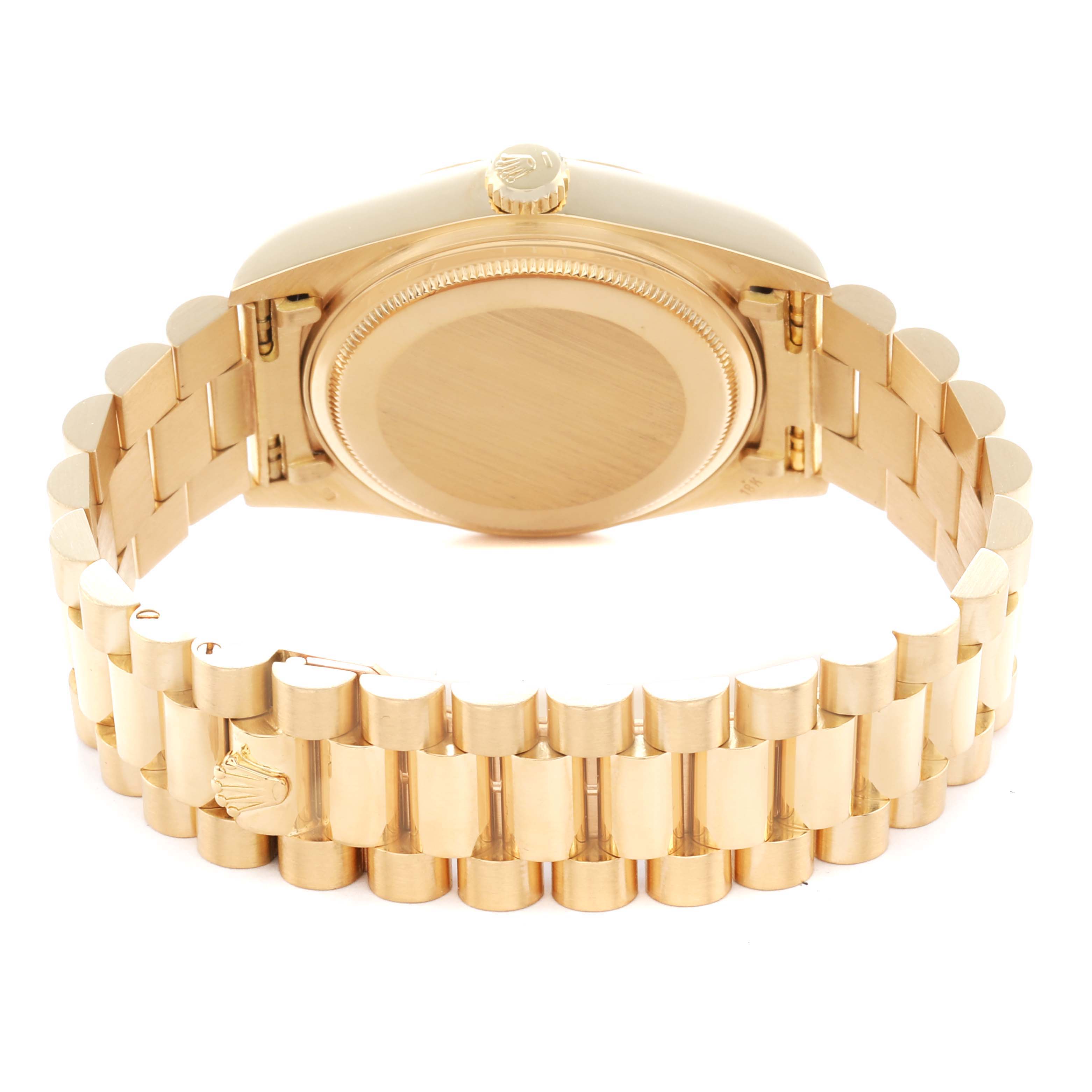 The image shows the back and side of a Rolex President 18038 Men
s Yellow Gold Silver Dial watch, highlighting the bracelet and case.