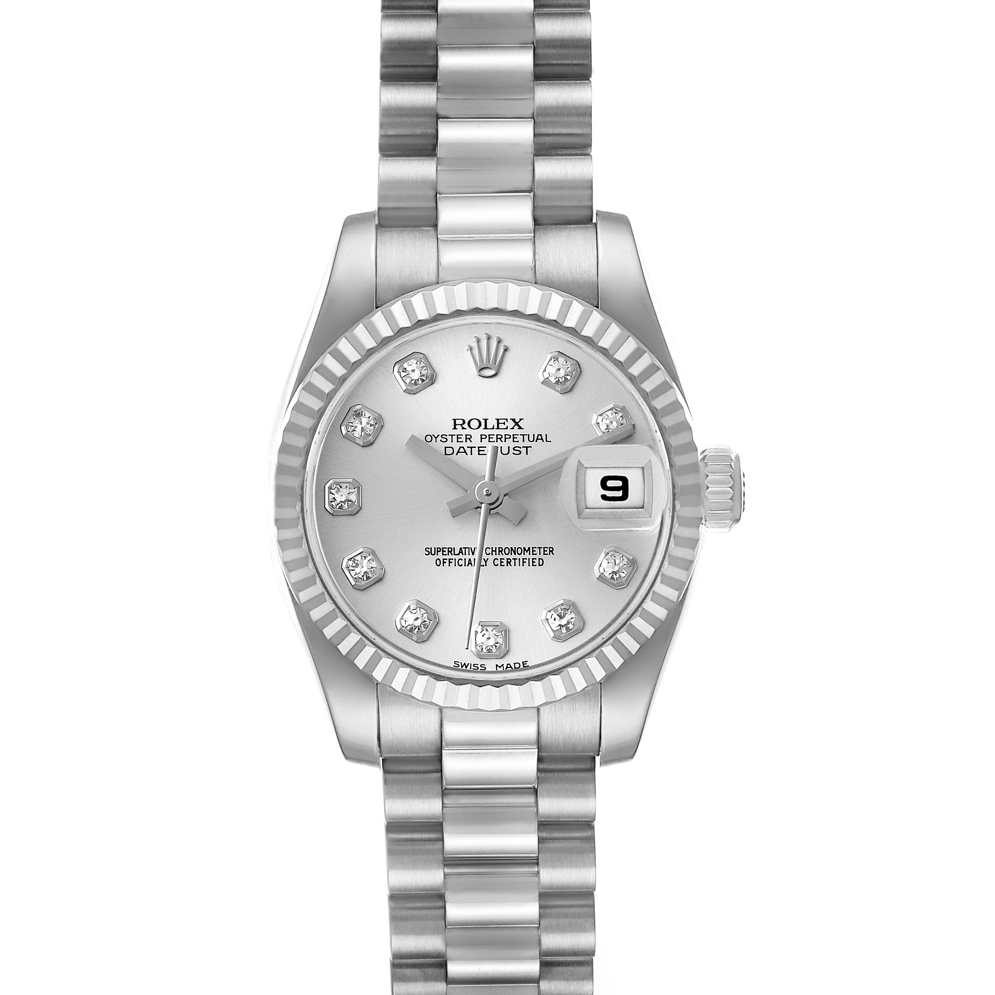 The Rolex President 179179 Women's White Gold Silver Dial 179179 Women's White Gold Silver Dial model watch is shown from the front, displaying the dial, bracelet, bezel, and date window.