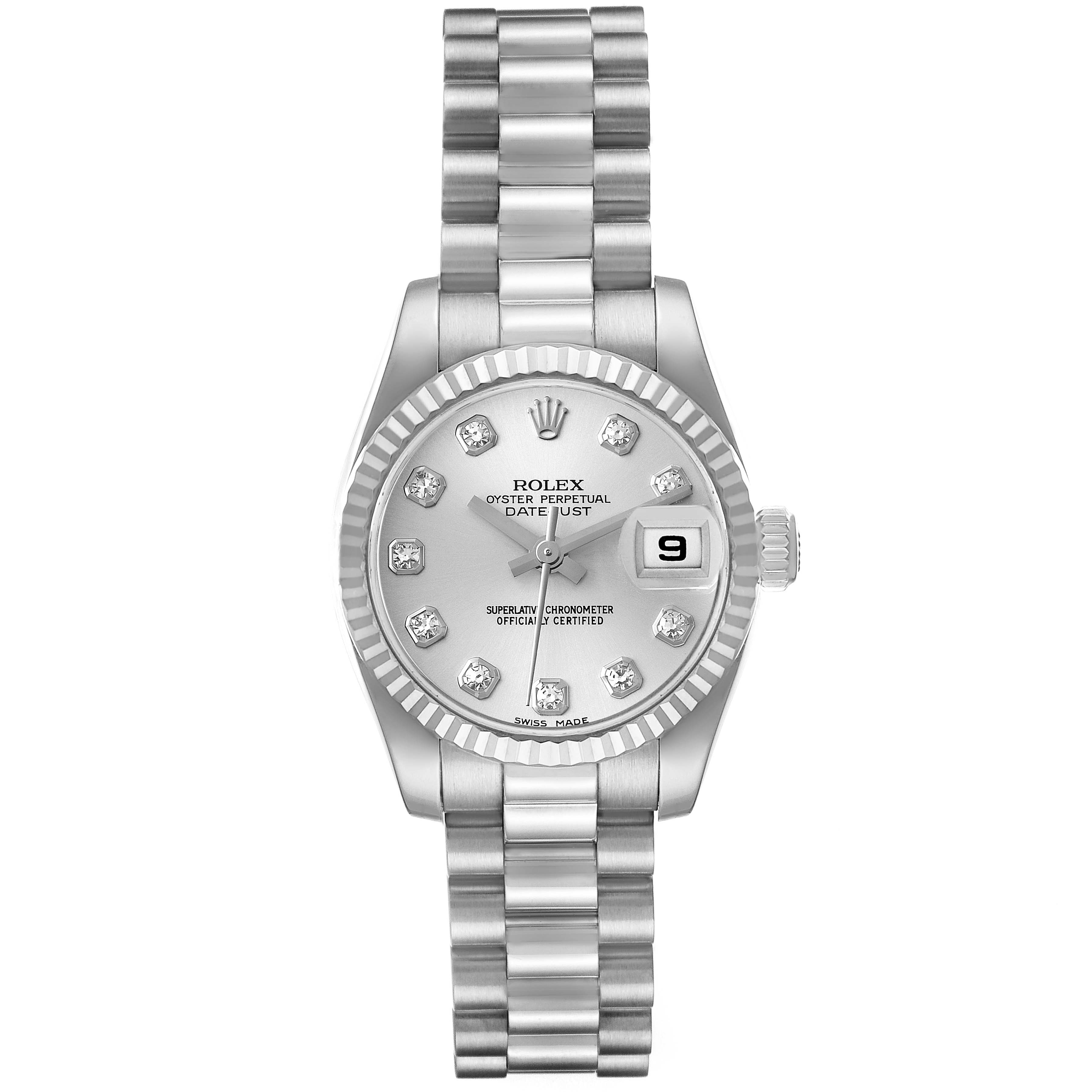 The image shows a frontal view of a Rolex President 179179 Women's White Gold Silver Dial 179179 Women's White Gold Silver Dial Datejust, highlighting its bracelet, dial, markers, crown, and date window.