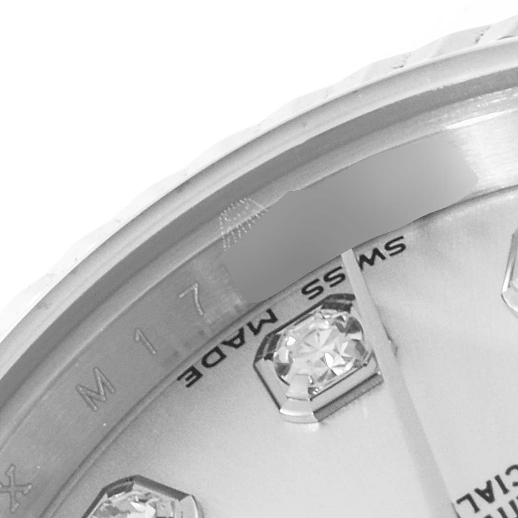 The image shows a close-up of the dial and bezel of a Rolex President 179179 Women's White Gold Silver Dial 179179 Women's White Gold Silver Dial watch, highlighting the "Swiss Made" text and diamond markers.