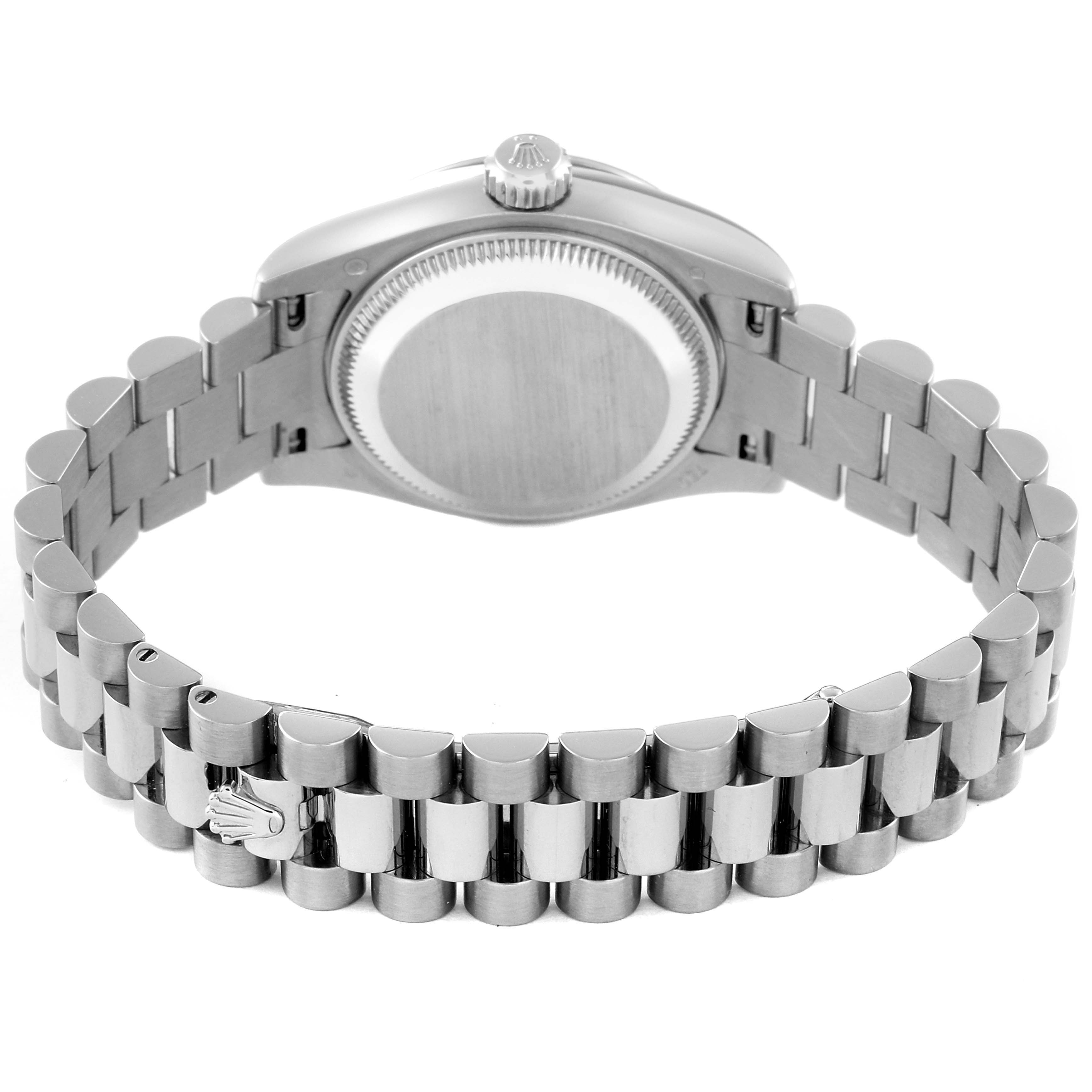 The image shows the back and bracelet of a Rolex President 179179 Women's White Gold Silver Dial 179179 Women's White Gold Silver Dial model watch, showcasing its clasp and case back.