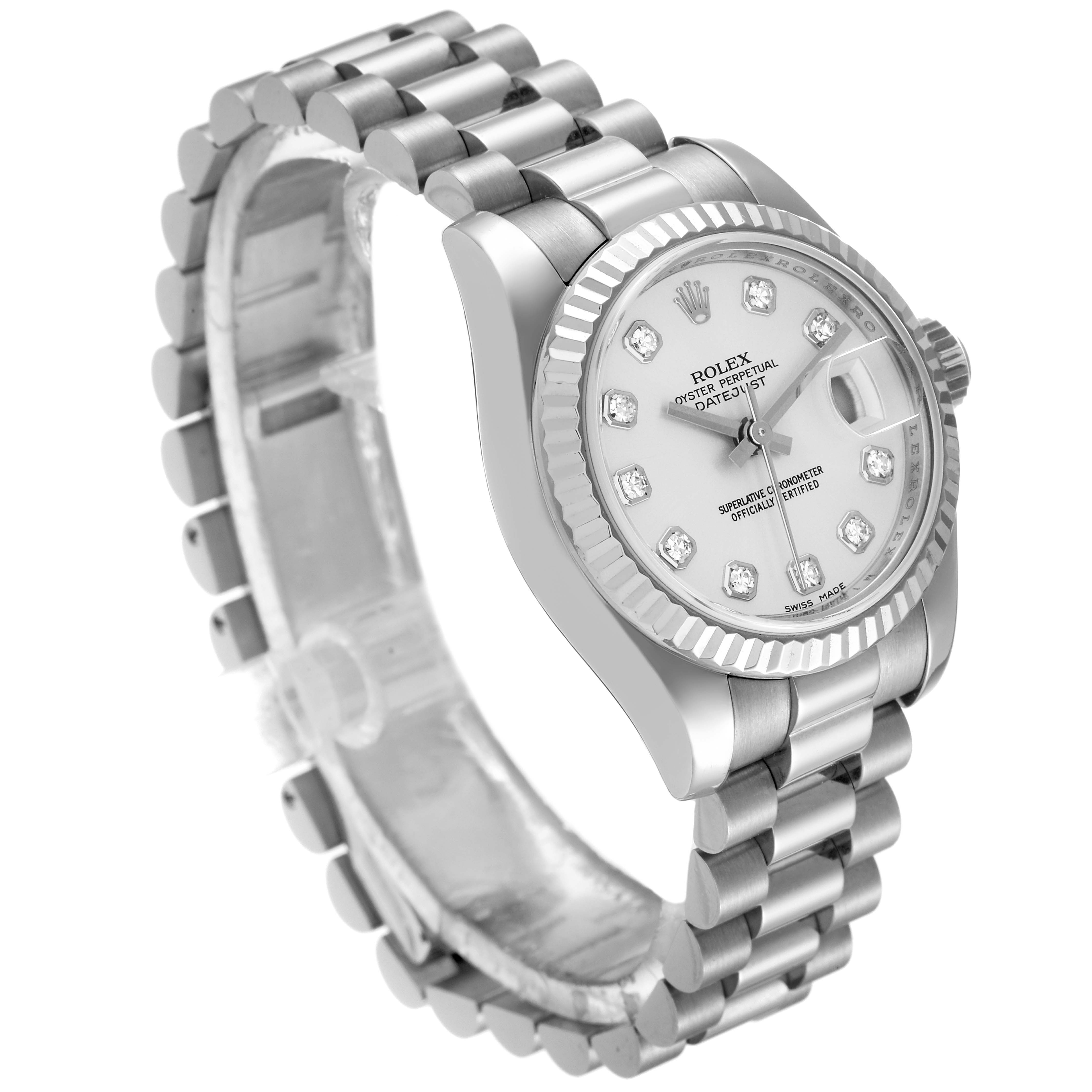 The image shows a side angle view of a Rolex President 179179 Women's White Gold Silver Dial 179179 Women's White Gold Silver Dial model watch, highlighting the bracelet, case, and diamond-accented dial.