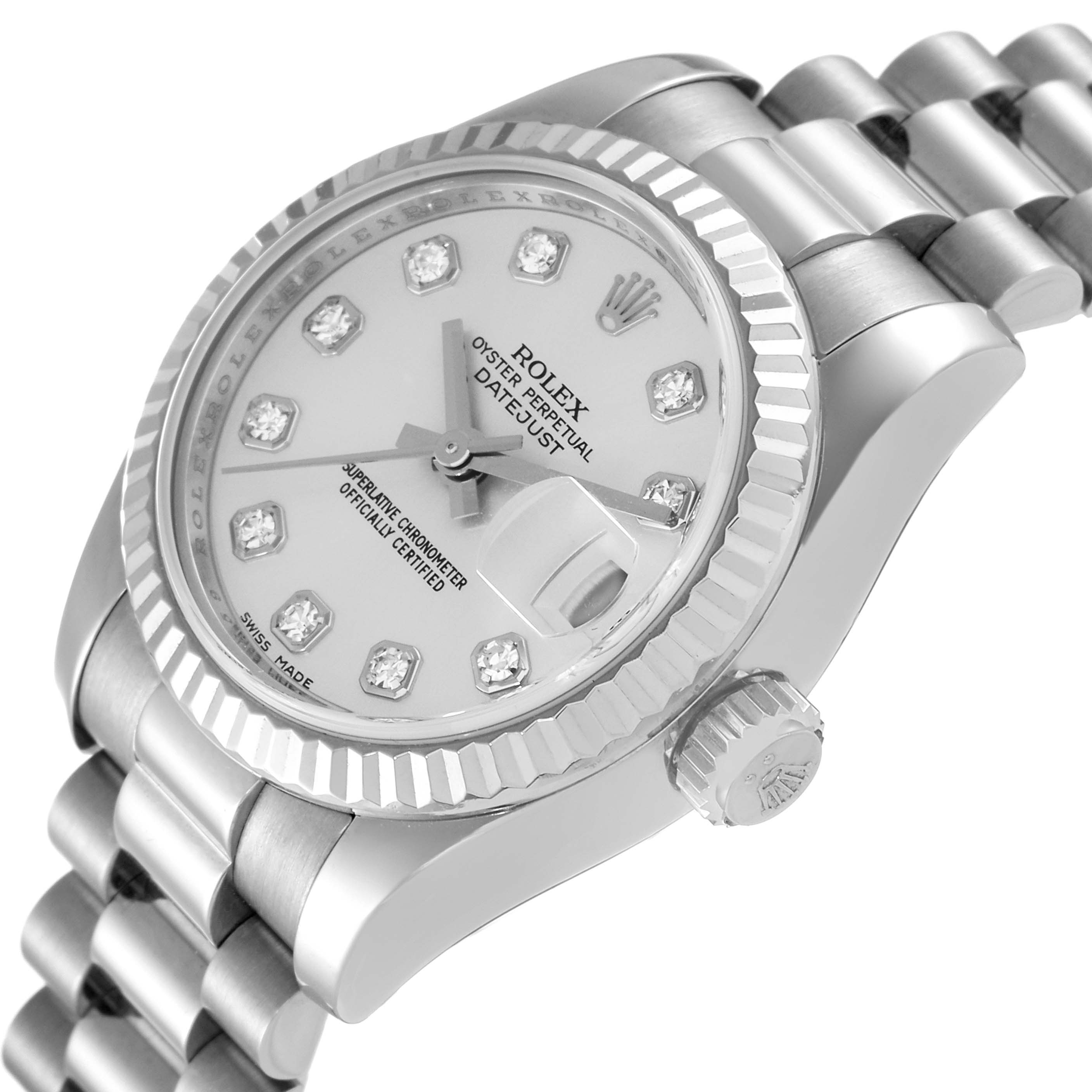The image shows a close-up angled view of the Rolex President 179179 Women's White Gold Silver Dial 179179 Women's White Gold Silver Dial Datejust watch, displaying the face, bezel, crown, and part of the bracelet.