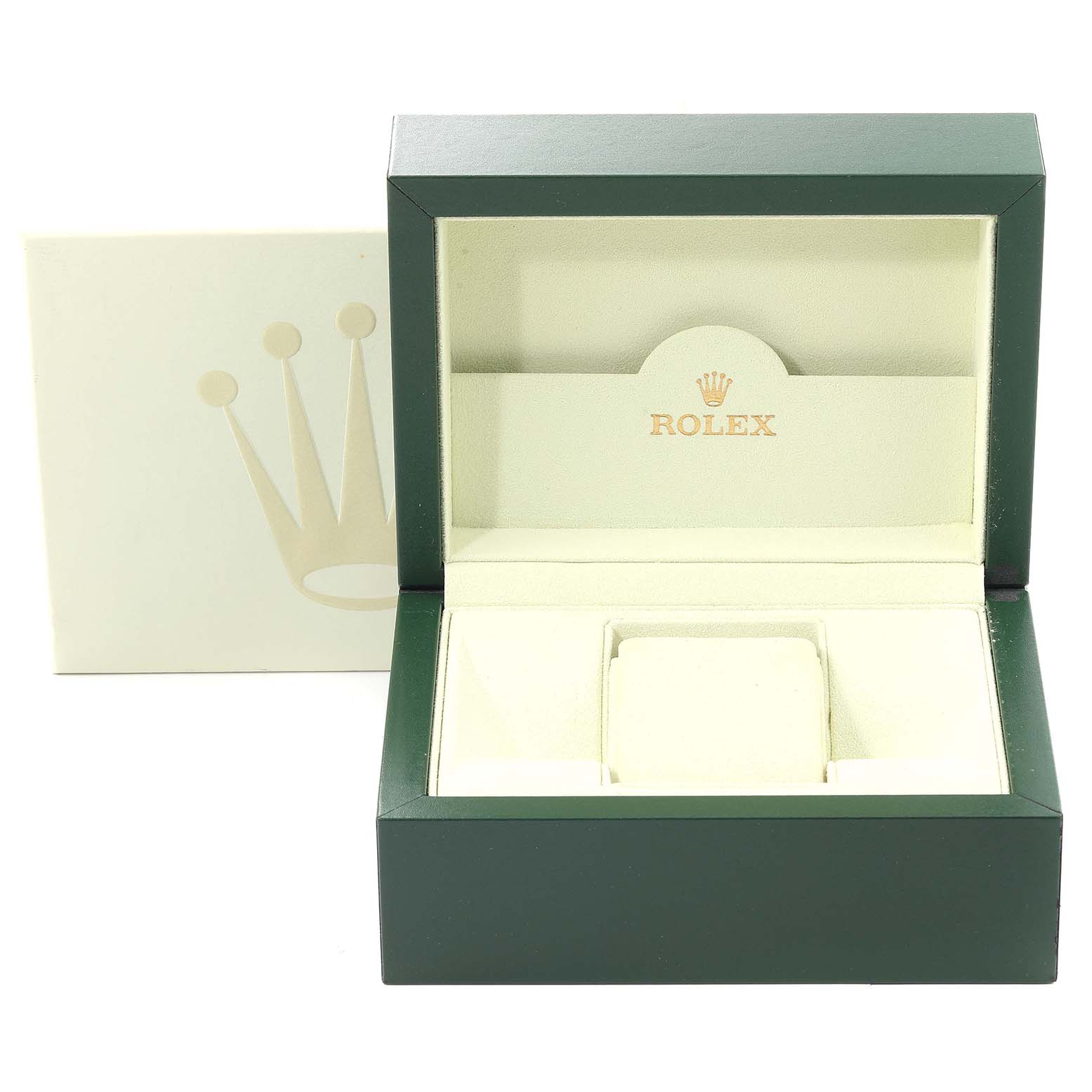 This image shows an open Rolex box for the President model, displaying its green and beige interior with the Rolex logo.