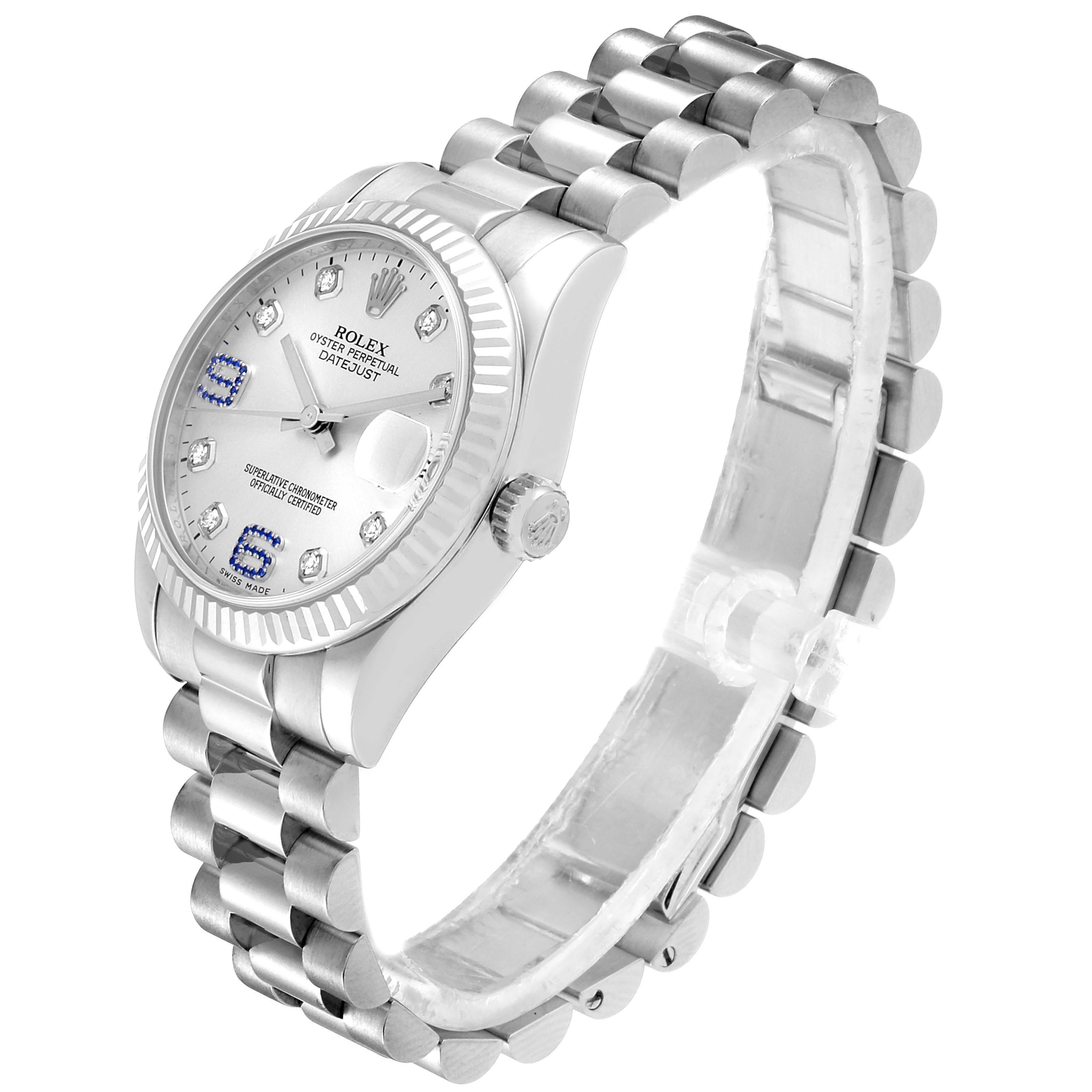 The Rolex President 178279 Women's White Gold Silver Dial 178279 Women's White Gold Silver Dial model watch is shown from an angled side view, highlighting the face, bezel, and bracelet.