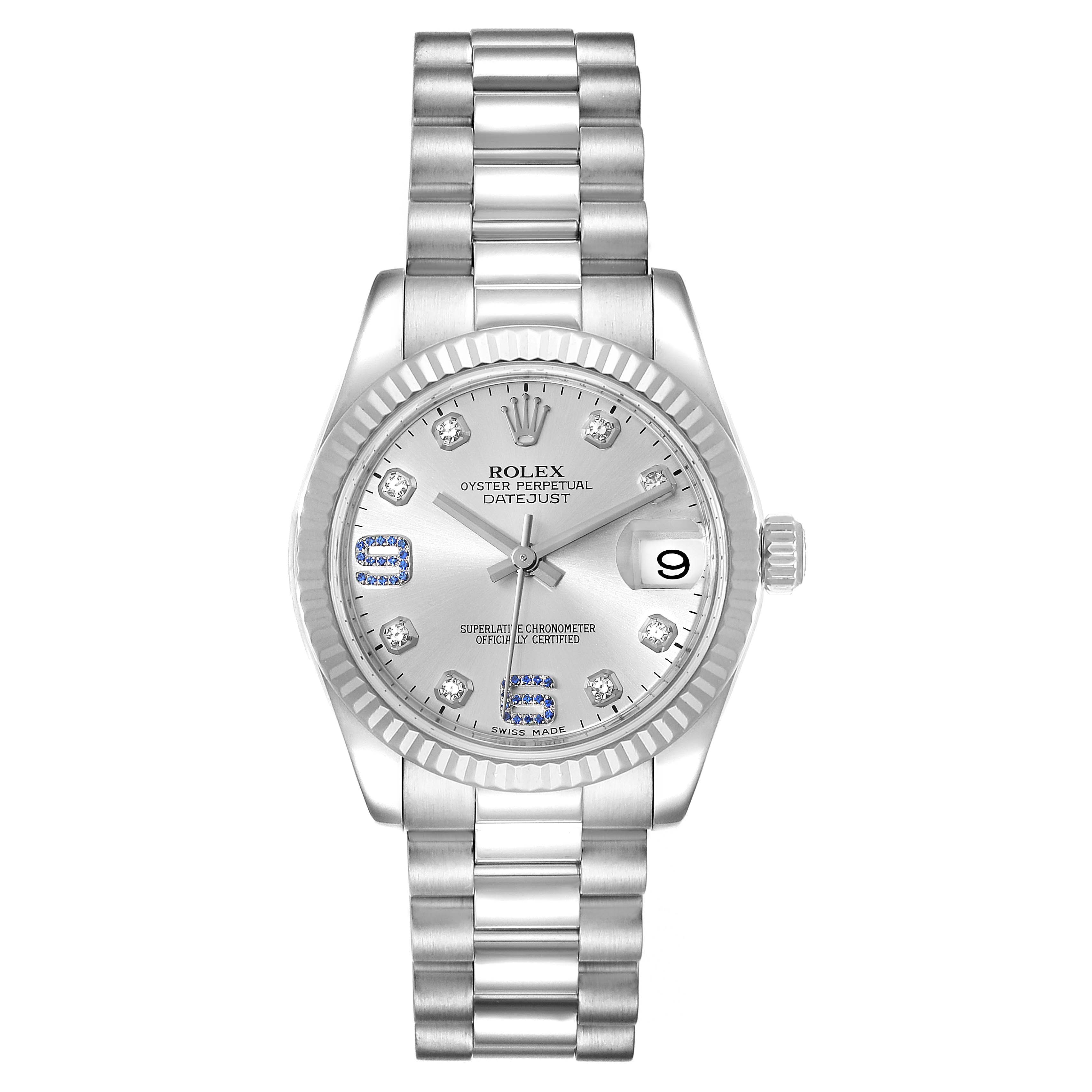 The image shows a front view of the Rolex President 178279 Women's White Gold Silver Dial 178279 Women's White Gold Silver Dial model watch, displaying the face, bezel, and a portion of the bracelet.
