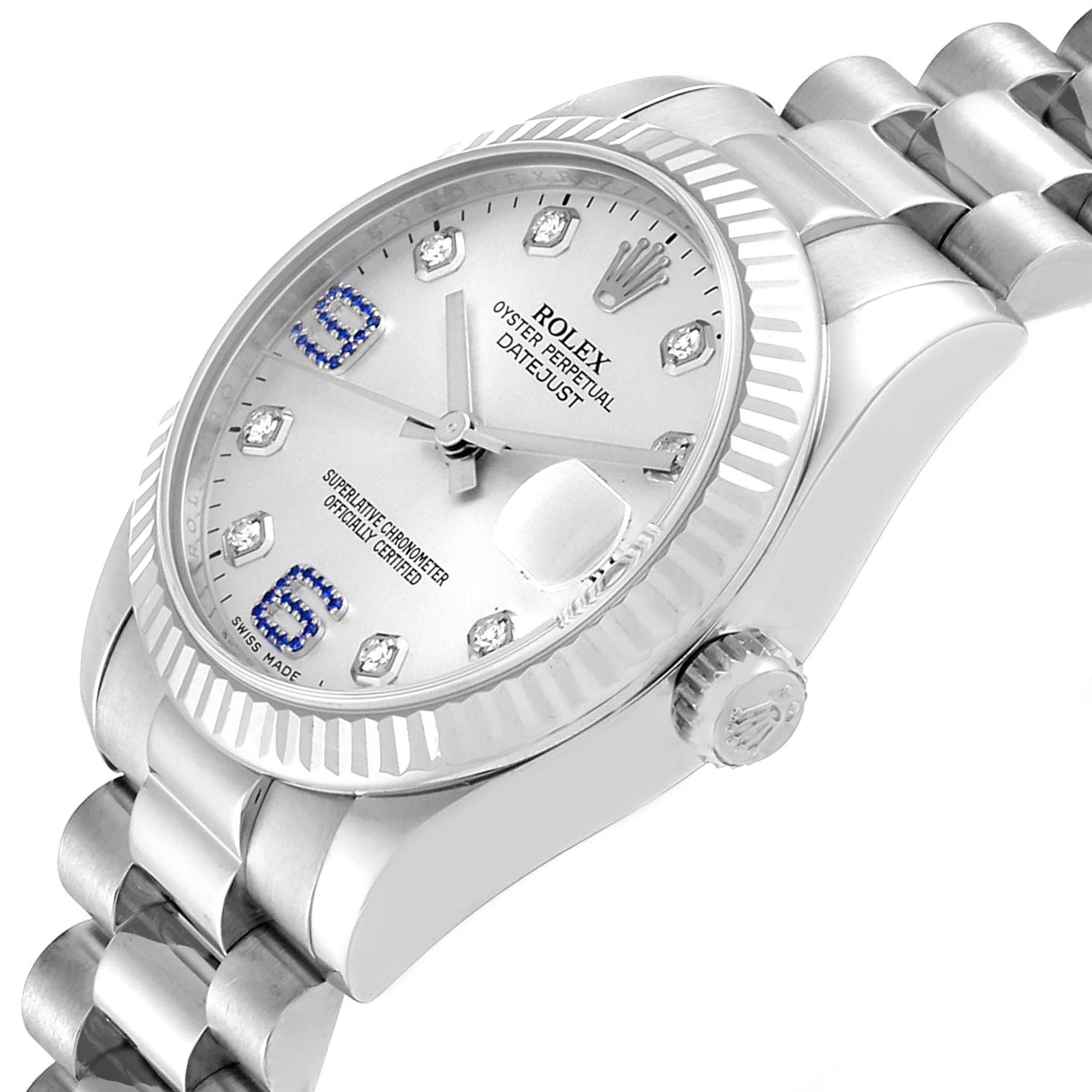 This image shows a close-up, angled view of a Rolex President 178279 Women's White Gold Silver Dial 178279 Women's White Gold Silver Dial model watch, highlighting its dial, bezel, and part of the bracelet.