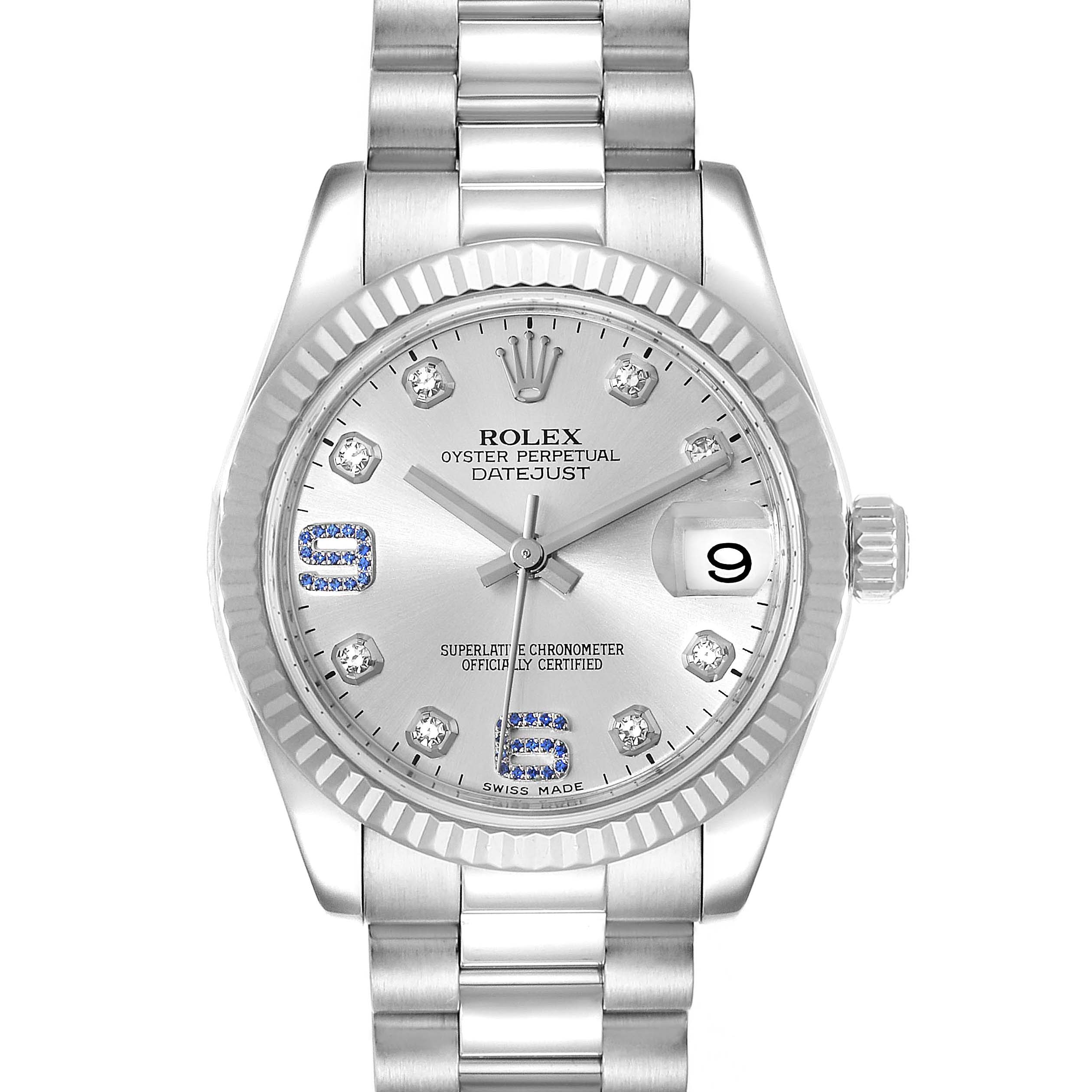 The image shows a frontal view of the Rolex President 178279 Women's White Gold Silver Dial 178279 Women's White Gold Silver Dial model watch, displaying the dial, bezel, crown, and bracelet.