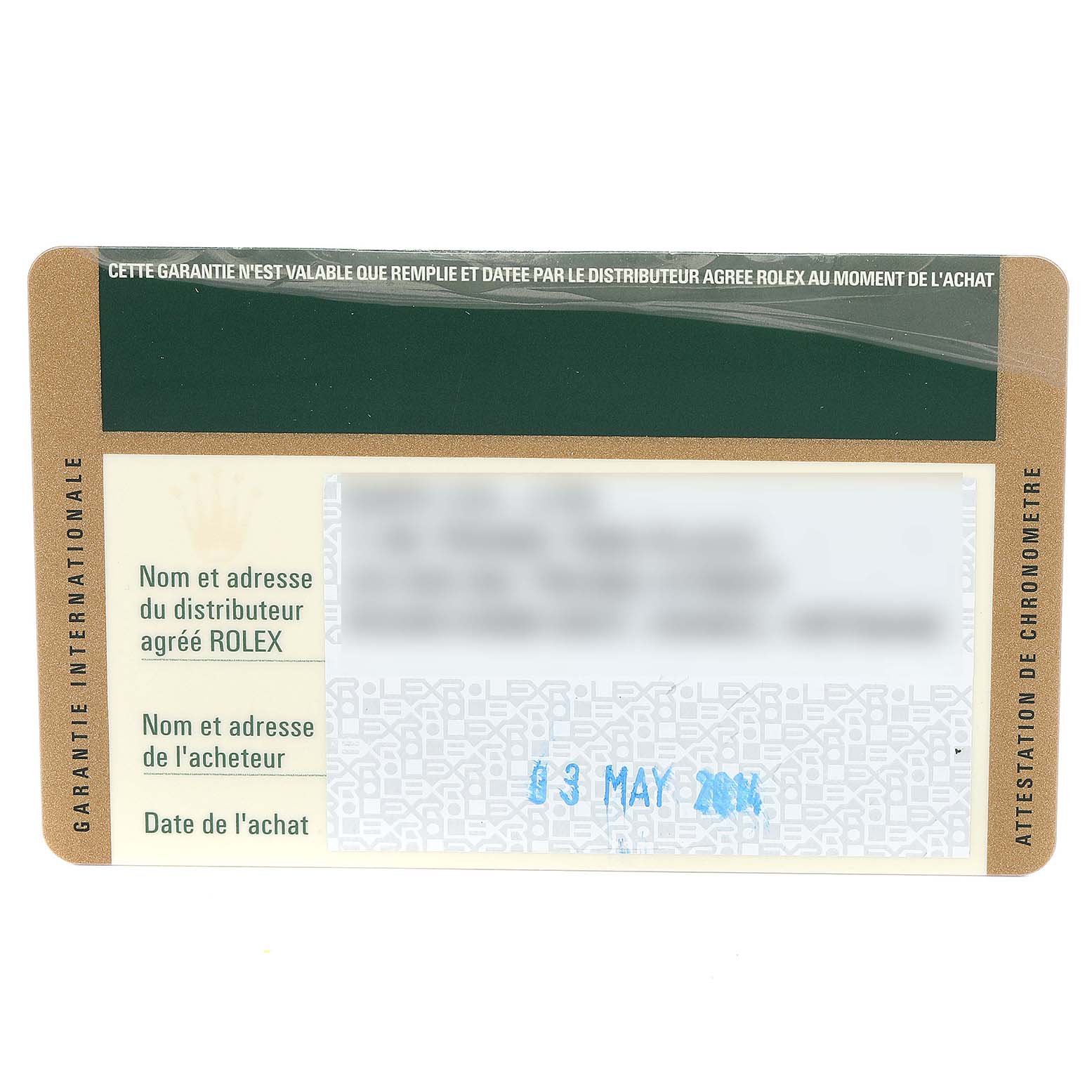 The image shows the guarantee card for a Rolex President 178279 Women's White Gold Silver Dial 178279 Women's White Gold Silver Dial model watch, displayed horizontally.