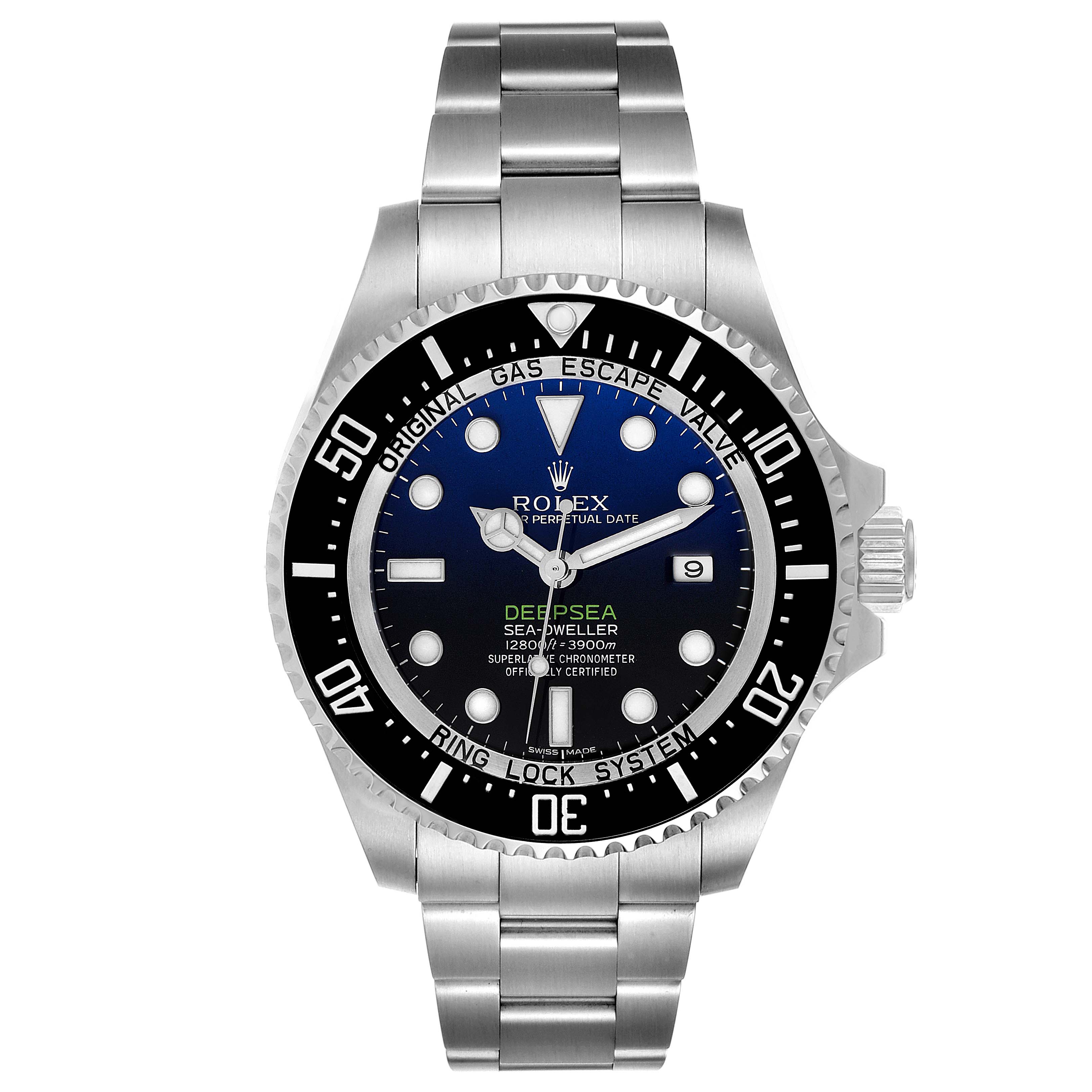 The image shows a front view of a Rolex Sea-Dweller 116660 Men
s Stainless Steel Blue Dial 116660 Men
s Stainless Steel Blue Dial watch, displaying its dial, bezel, case, and bracelet.