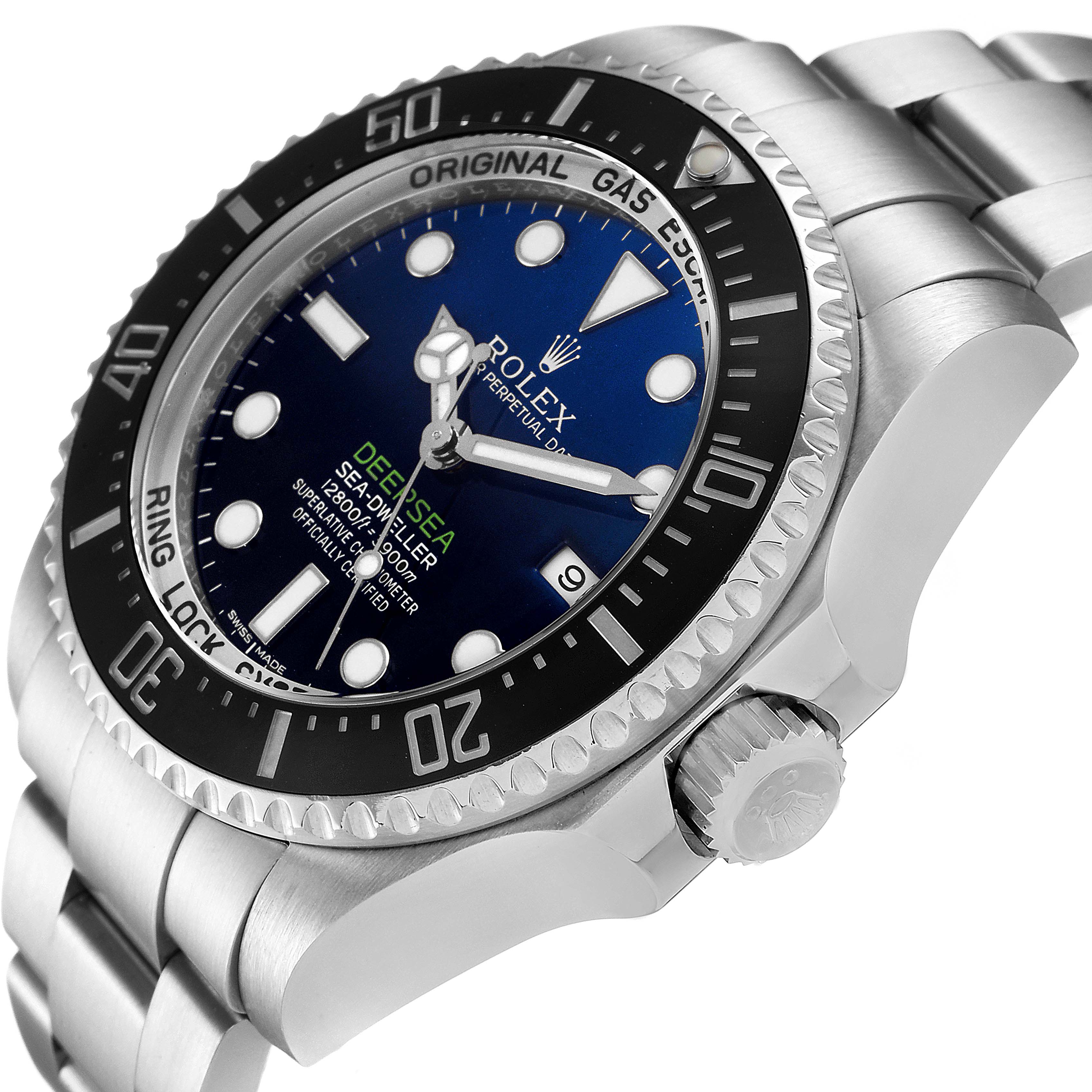 The image shows a close-up angle of the Rolex Sea-Dweller 116660 Men
s Stainless Steel Blue Dial 116660 Men
s Stainless Steel Blue Dial watch, highlighting the dial, bezel, and part of the bracelet.