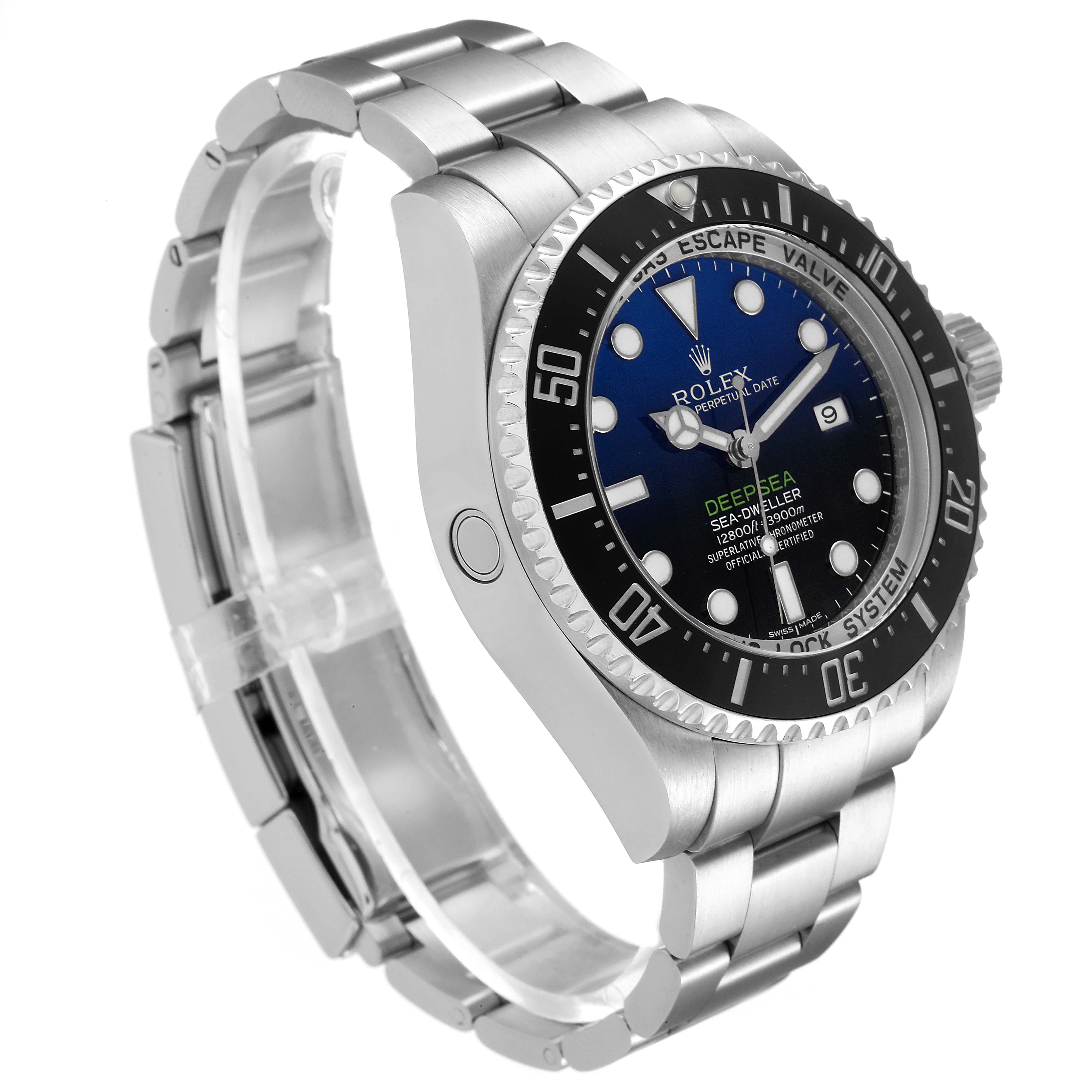 The image shows a Rolex Sea-Dweller 116660 Men
s Stainless Steel Blue Dial 116660 Men
s Stainless Steel Blue Dial Deepsea watch at an angled side view, highlighting the bezel, dial, and metal bracelet.