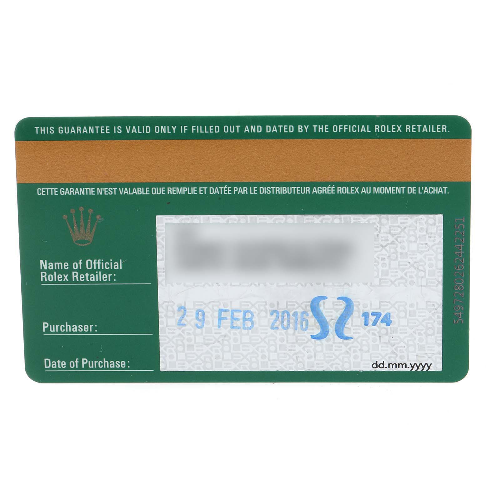 This image shows a warranty card for a Rolex Sea-Dweller 116660 Men
s Stainless Steel Blue Dial 116660 Men
s Stainless Steel Blue Dial watch with purchase details and official retailer information.