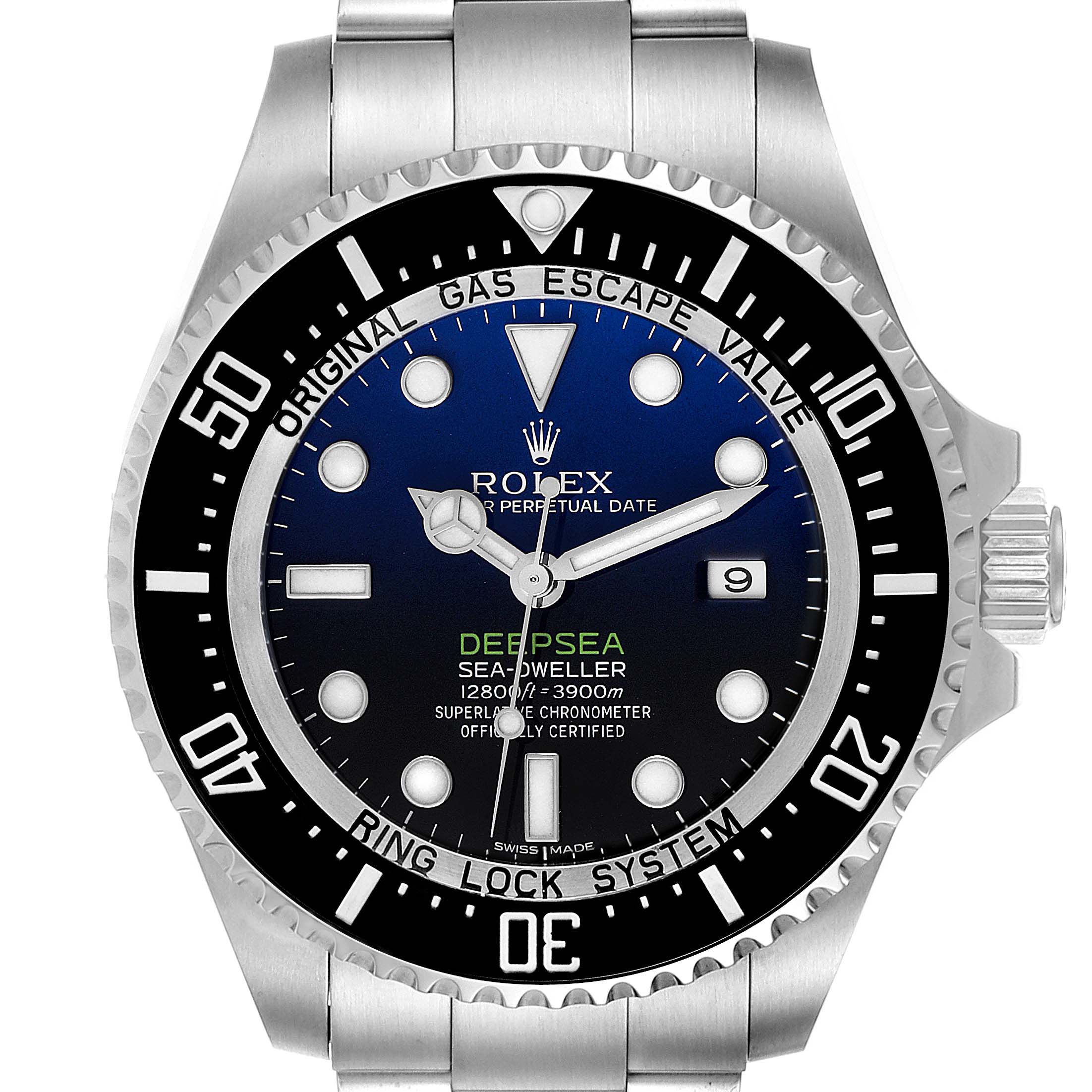 The Rolex Sea-Dweller 116660 Men
s Stainless Steel Blue Dial 116660 Men
s Stainless Steel Blue Dial watch is shown from a front angle, displaying the dial, bezel, and part of the bracelet.