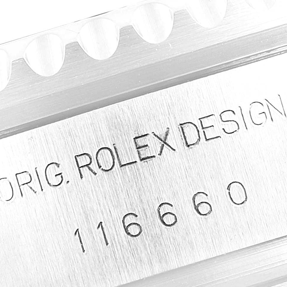 The image shows a close-up of the side casing of a Rolex Sea-Dweller 116660 Men
s Stainless Steel Blue Dial 116660 Men
s Stainless Steel Blue Dial, highlighting the engraved model number and design details.