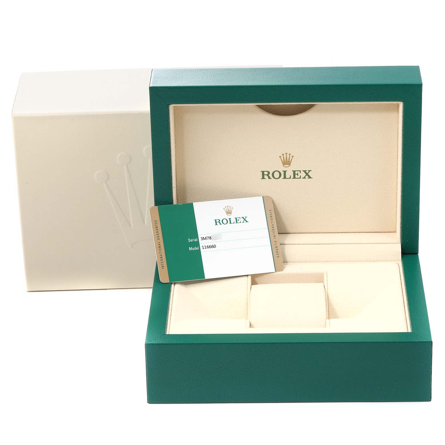 The image shows an open Rolex Sea-Dweller 116660 Men
s Stainless Steel Blue Dial 116660 Men
s Stainless Steel Blue Dial watch box with a certification card inside.