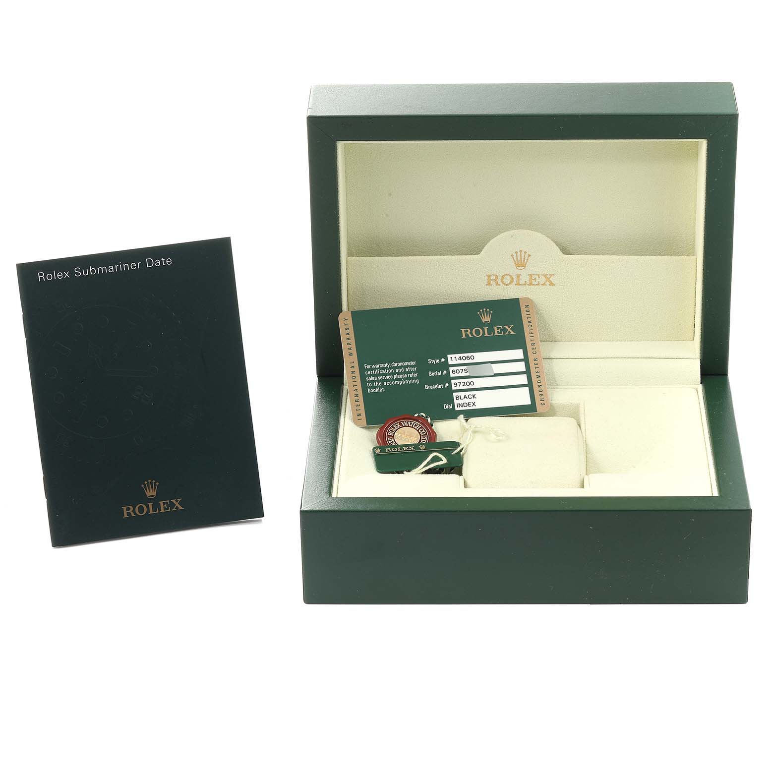 This image shows the packaging, documentation, and accessories for a Rolex Submariner 114060 Men
s Stainless Steel Black Dial 114060 Men
s Stainless Steel Black Dial watch, including the box, manual, and tags.