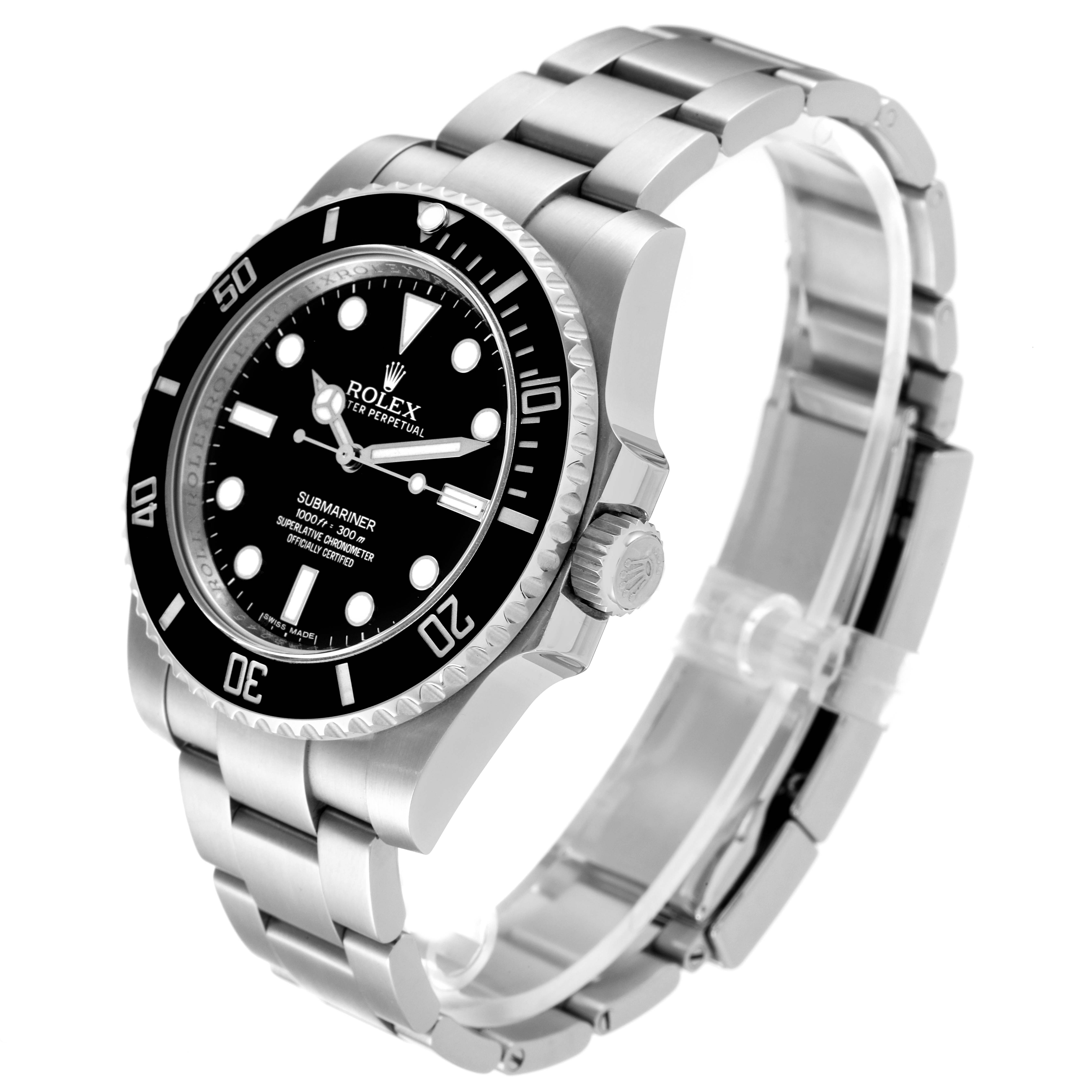 The image shows a Rolex Submariner 114060 Men
s Stainless Steel Black Dial 114060 Men
s Stainless Steel Black Dial watch at an angle highlighting its bezel, crown, dial, and stainless steel bracelet.