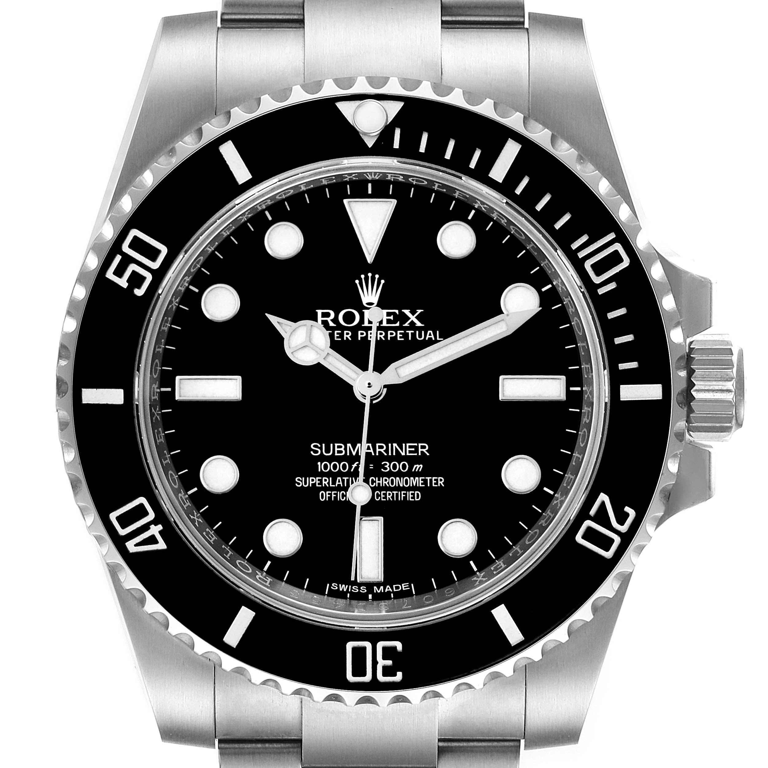 This image shows a front view of the Rolex Submariner 114060 Men
s Stainless Steel Black Dial 114060 Men
s Stainless Steel Black Dial watch, highlighting the dial, bezel, hands, and part of the bracelet.
