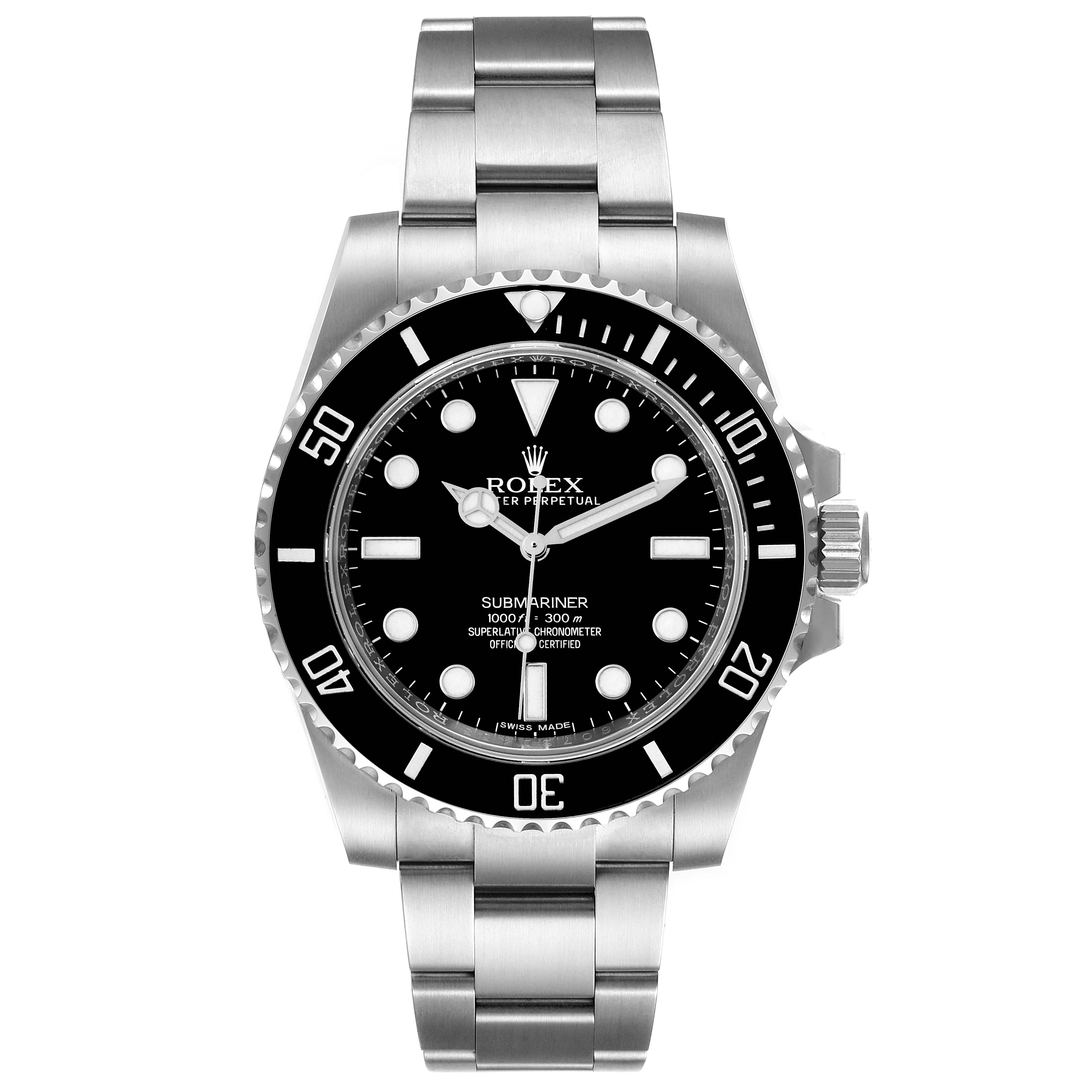 The image shows a front view of the Rolex Submariner 114060 Men
s Stainless Steel Black Dial 114060 Men
s Stainless Steel Black Dial watch displaying its face, bezel, crown, and stainless steel bracelet.