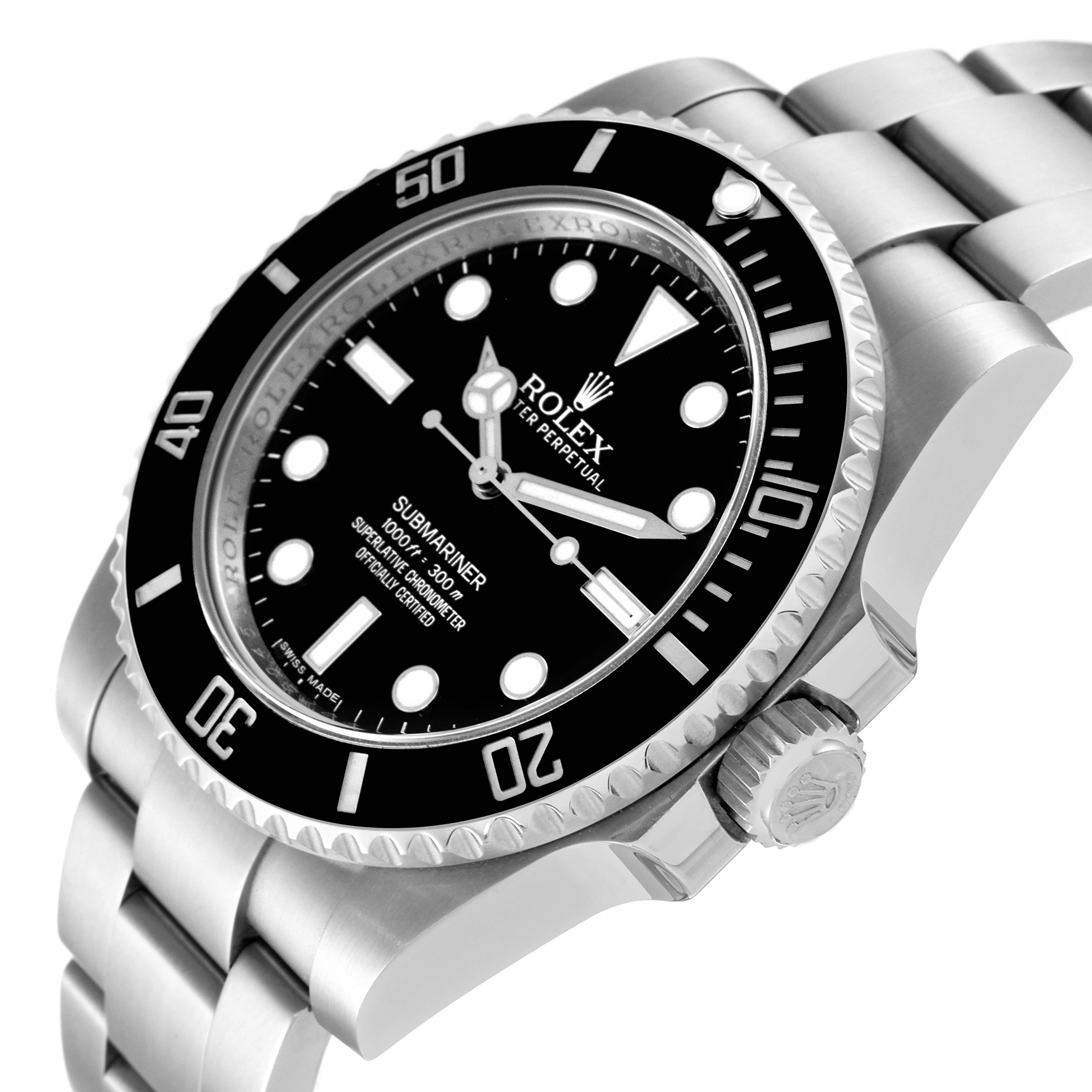 The image shows a Rolex Submariner 114060 Men
s Stainless Steel Black Dial 114060 Men
s Stainless Steel Black Dial watch at an angled view, highlighting its dial, bezel, and part of its stainless steel bracelet.