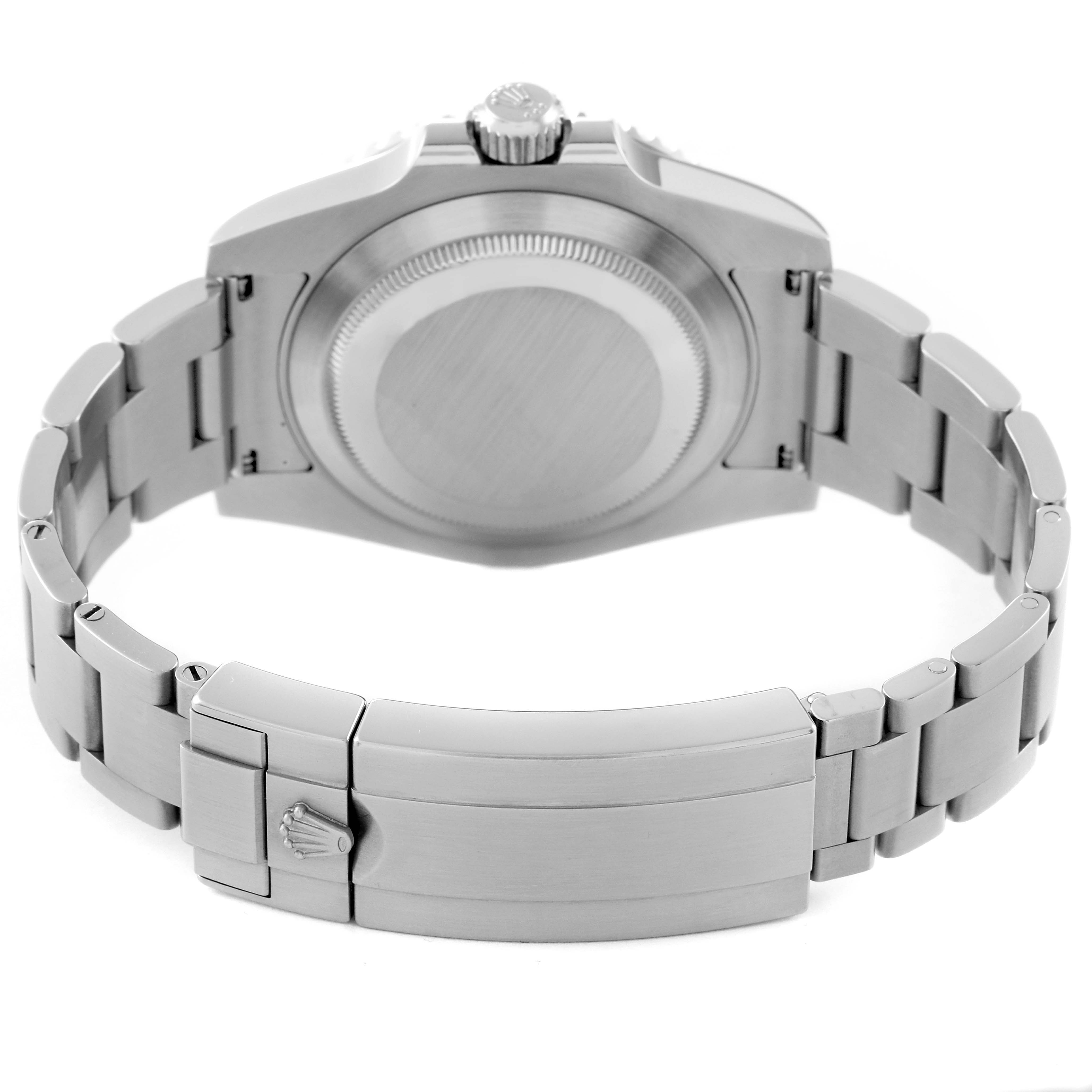 This image shows the back side of a Rolex Submariner 114060 Men
s Stainless Steel Black Dial 114060 Men
s Stainless Steel Black Dial watch, highlighting the clasp, bracelet, and case back.