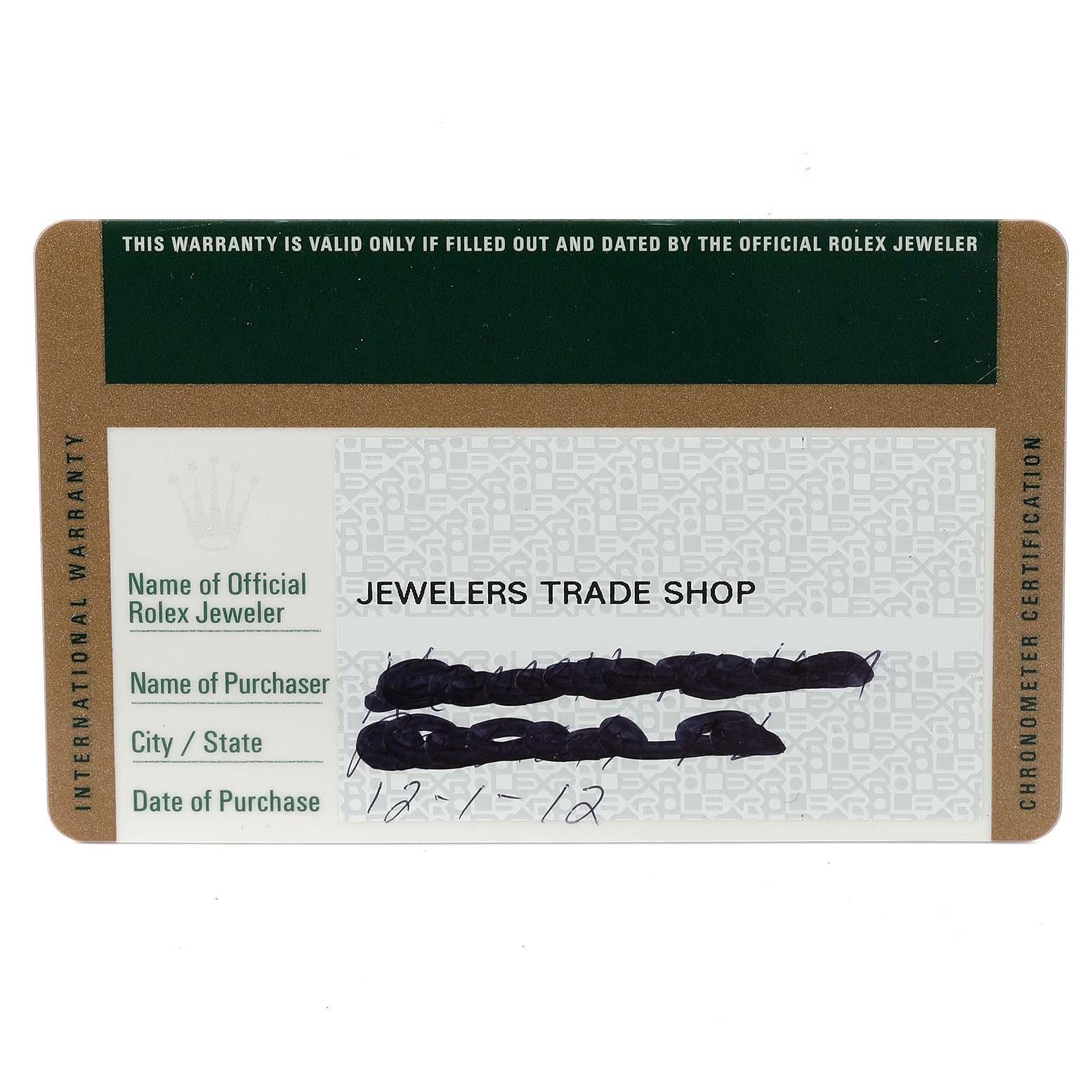 The image shows an official warranty card for a Rolex Submariner 114060 Men
s Stainless Steel Black Dial 114060 Men
s Stainless Steel Black Dial model.