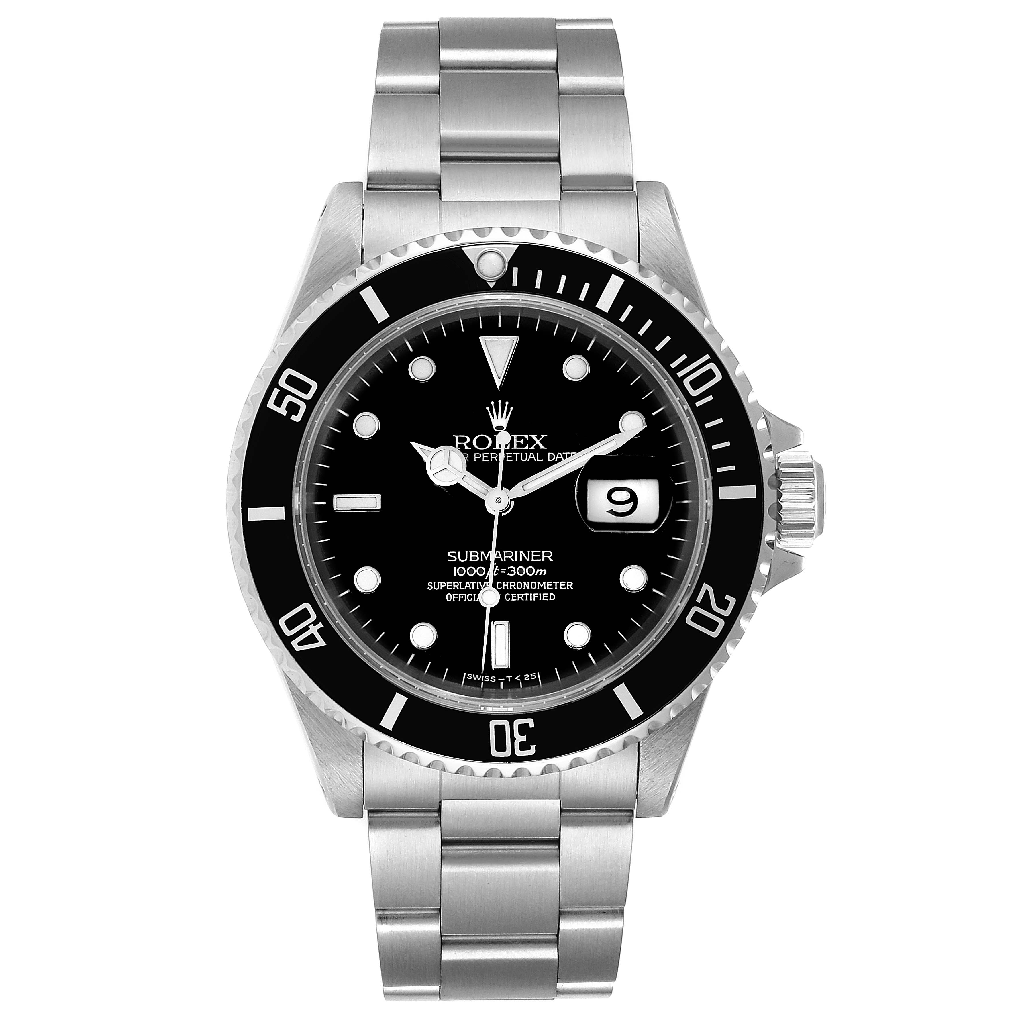 The Rolex Submariner 16610 Men
s Stainless Steel Black Dial watch is shown from a front angle, highlighting its dial, bezel, and bracelet.
