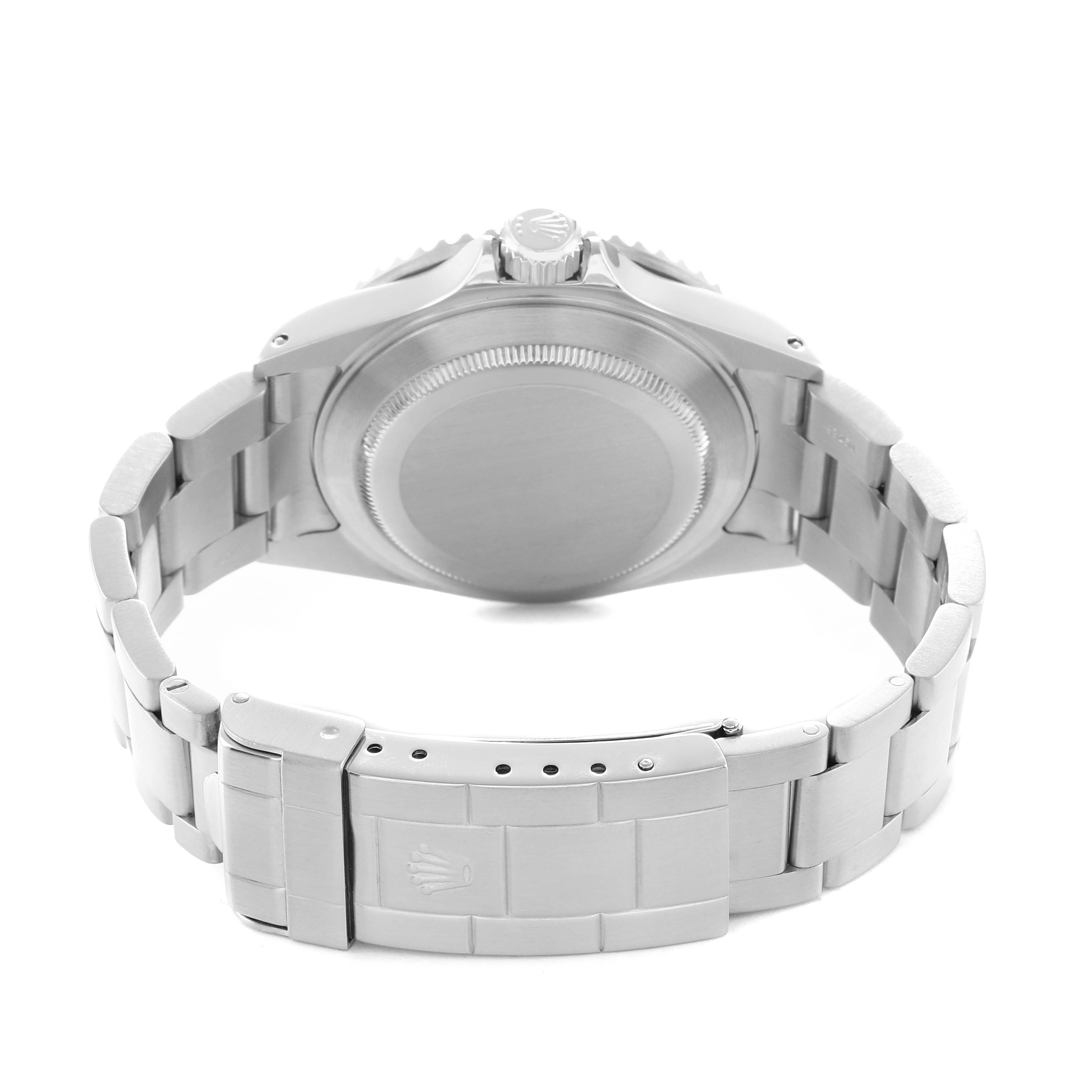 The image shows a Rolex Submariner 16610 Men
s Stainless Steel Black Dial watch from the rear, highlighting the caseback, clasp, and bracelet.