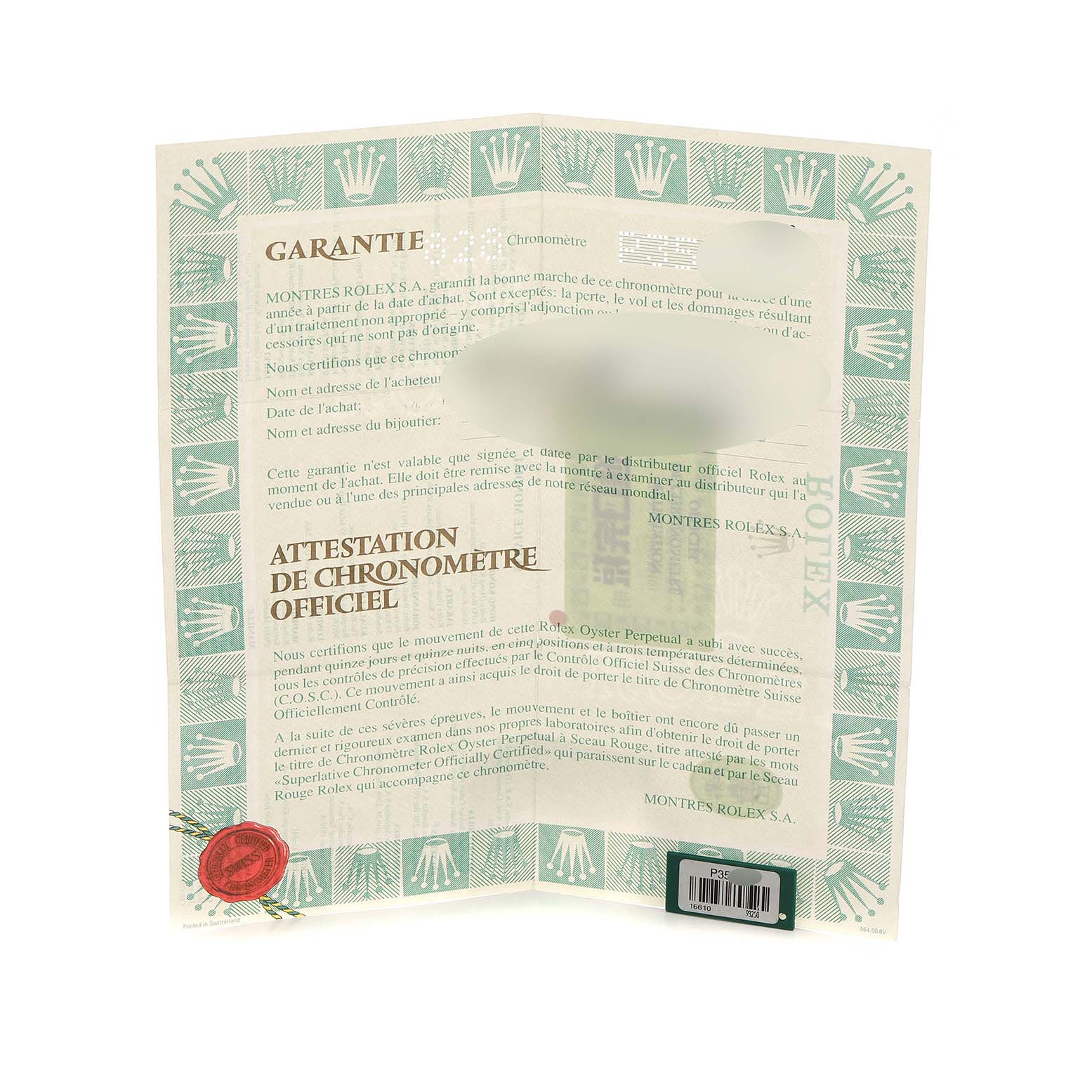 The image shows a warranty document for a Rolex Submariner 16610 Men
s Stainless Steel Black Dial, featuring text and a red seal.