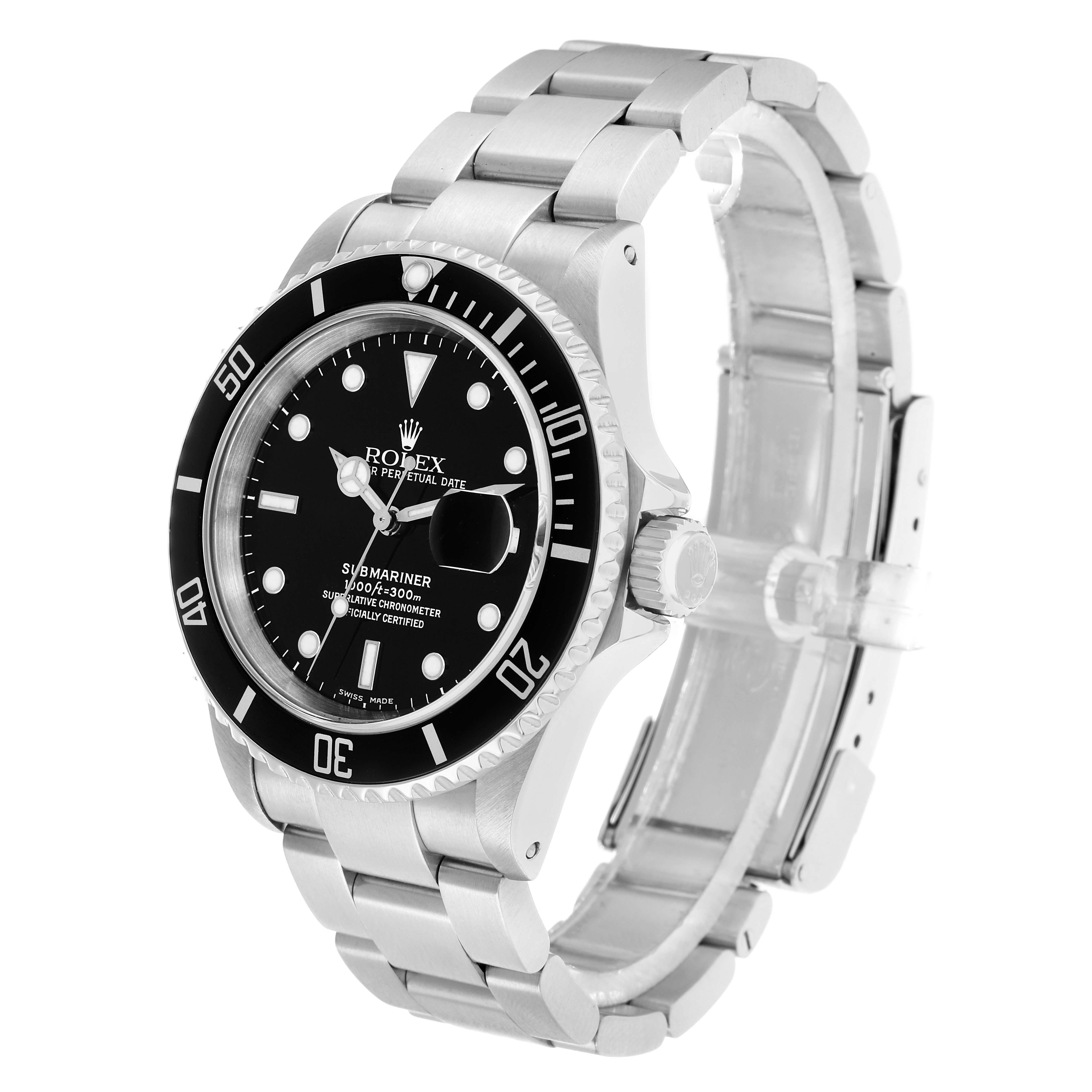 The image shows a Rolex Submariner 16610 Men
s Stainless Steel Black Dial watch at a three-quarter angle, highlighting the dial, bezel, and bracelet.