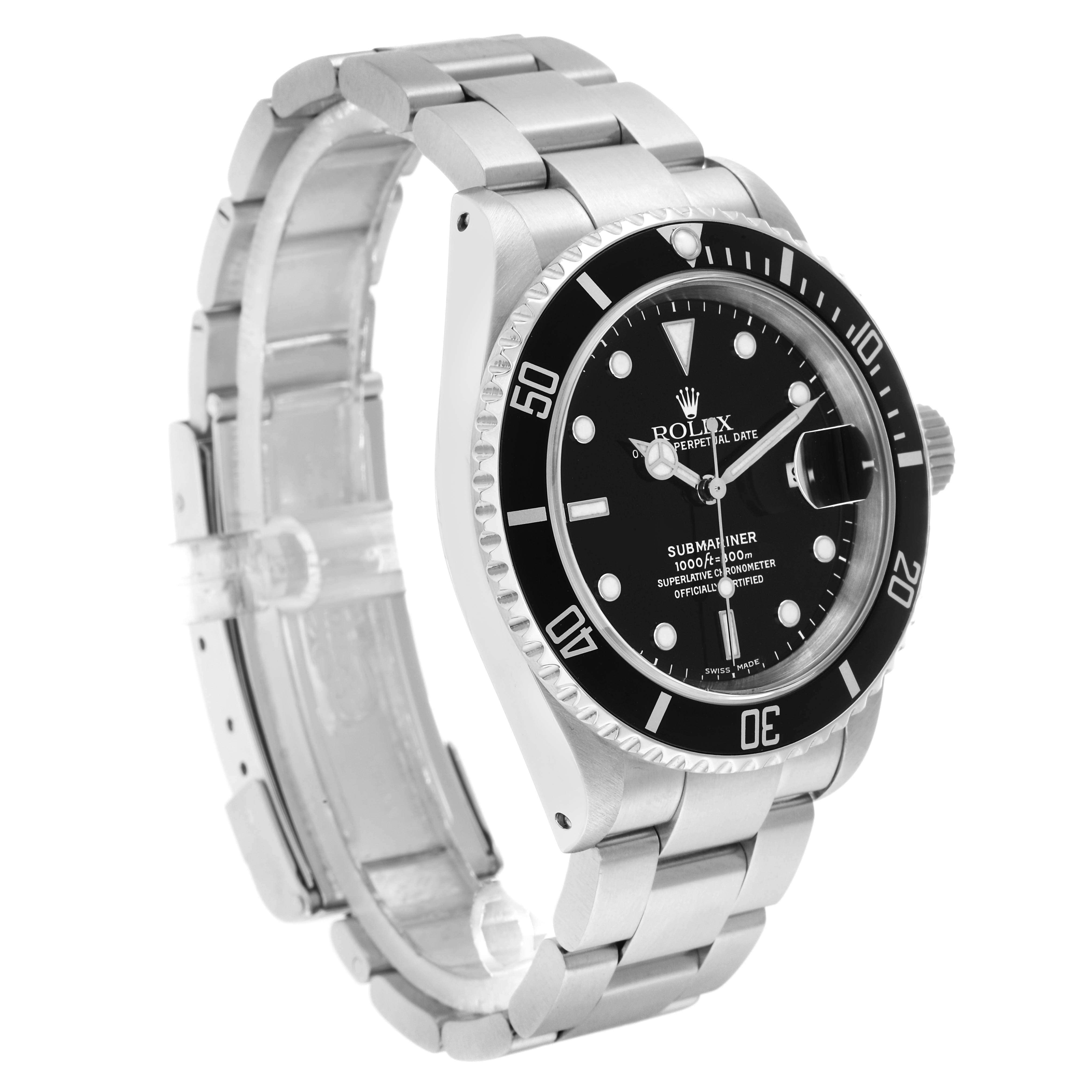 The Rolex Submariner 16610 Men
s Stainless Steel Black Dial watch is shown at a three-quarter angle highlighting the dial, bezel, crown, and bracelet.