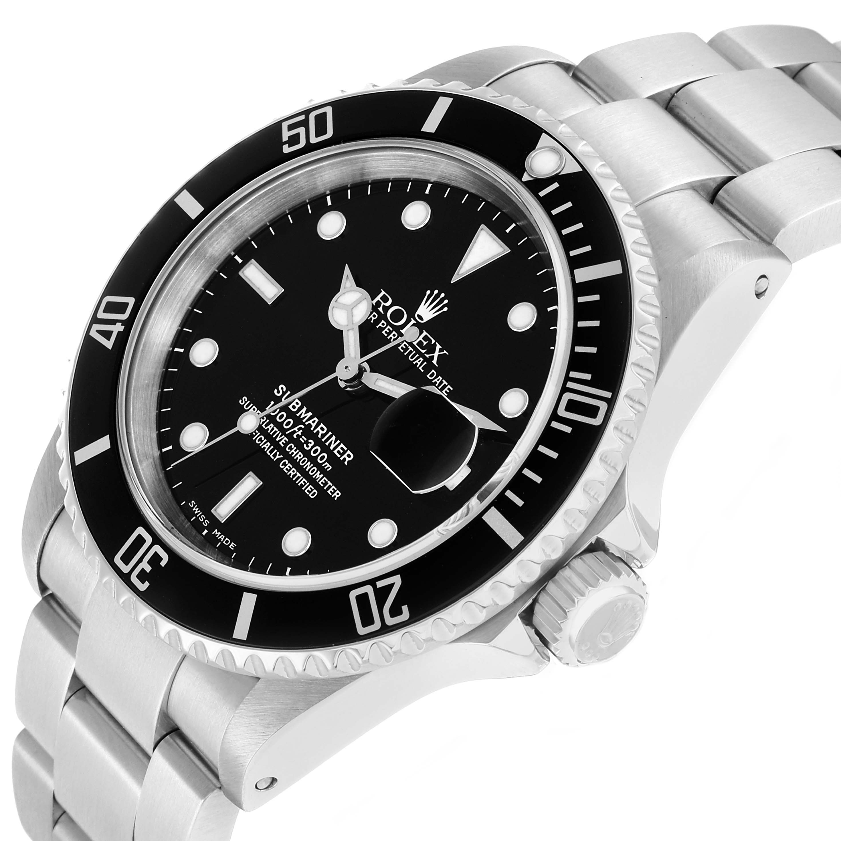 The Rolex Submariner 16610 Men
s Stainless Steel Black Dial watch is shown at an angle highlighting the bezel, crown, dial, and part of the bracelet.