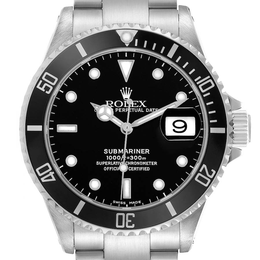 The Rolex Submariner 16610 Men's Stainless Steel Black Dial watch is shown from the front, highlighting the dial, bezel, crown, and part of the bracelet.
