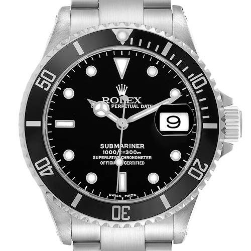 The Rolex Submariner 16610 Men's Stainless Steel Black Dial watch is shown from the front, highlighting its dial, bezel, and crown.
