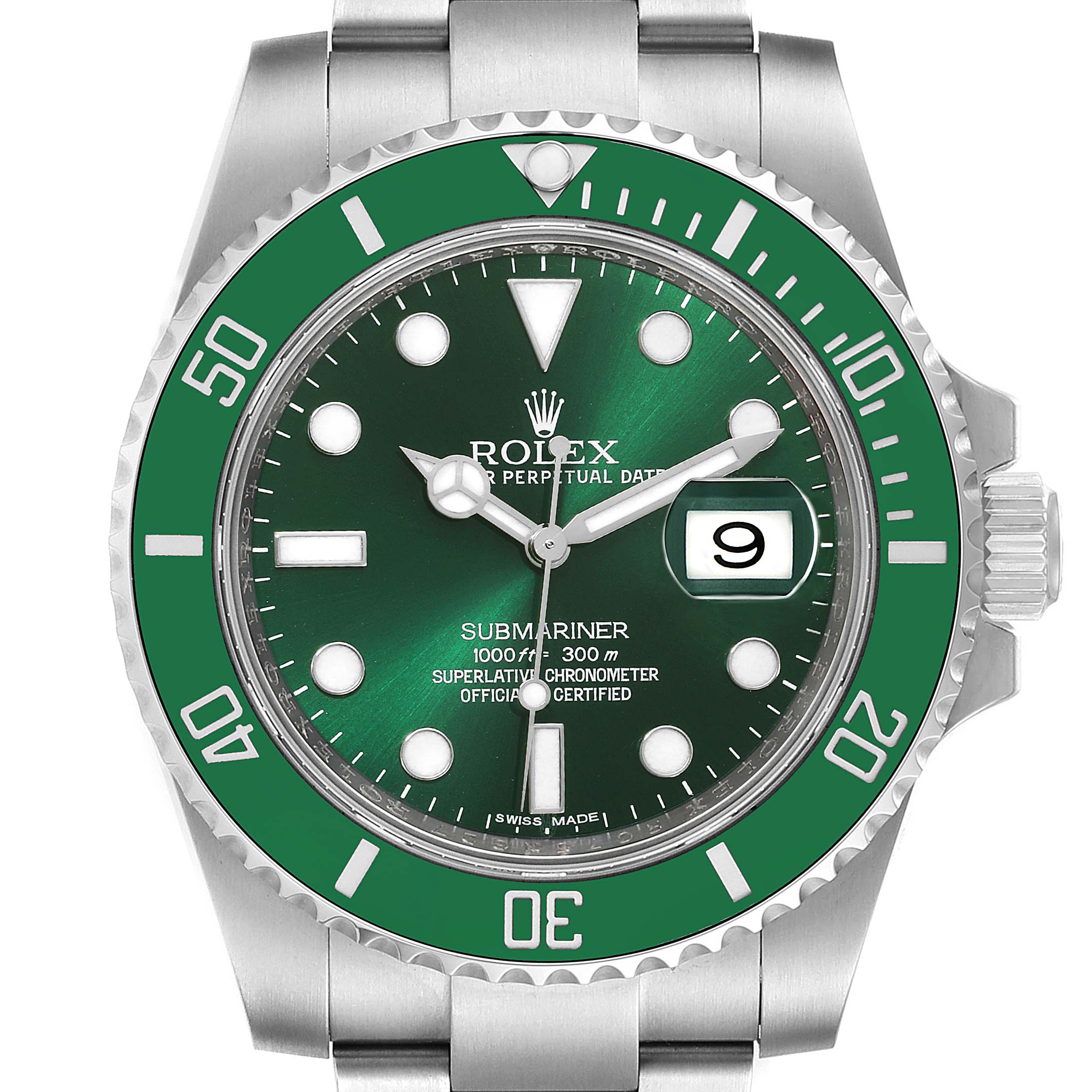 This image shows a front view of the Rolex Submariner 116610LV Men's Stainless Steel Green Dial 116610LV Men's Stainless Steel Green Dial watch, highlighting its green dial and bezel.