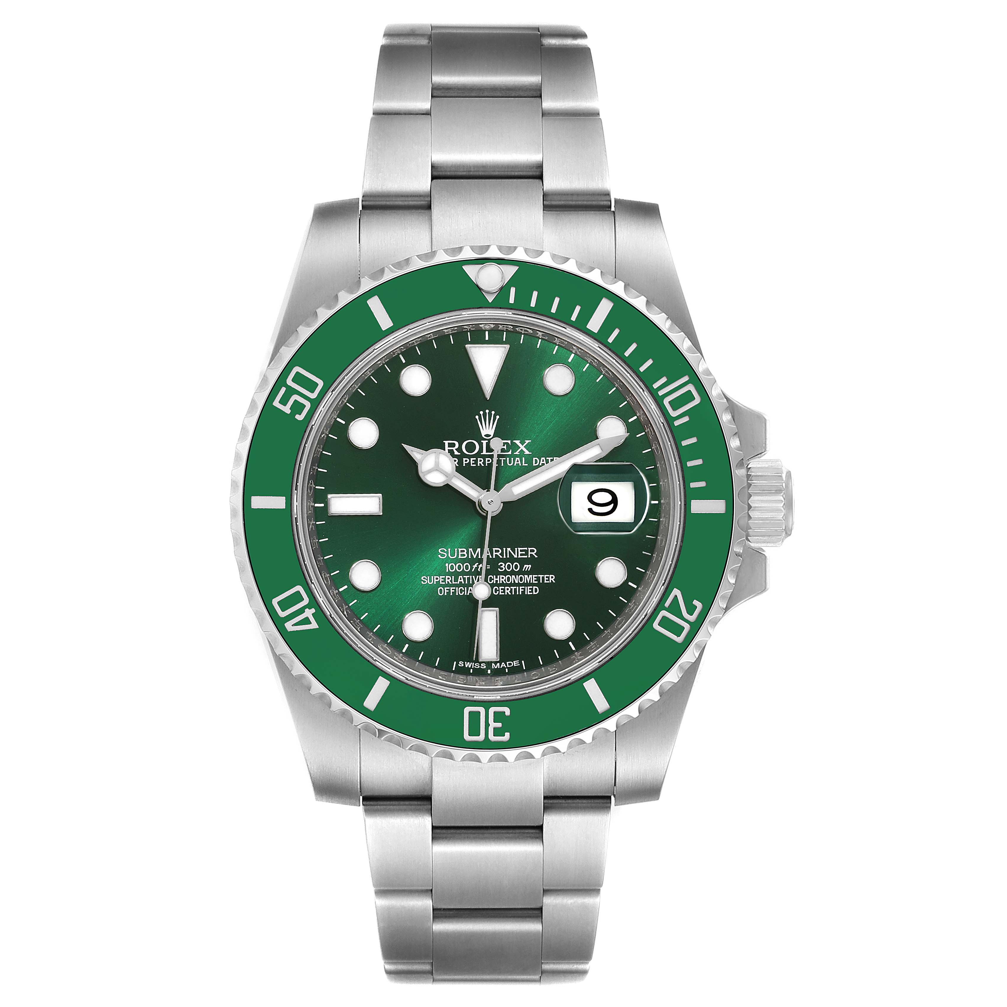 The image shows a front view of a Rolex Submariner 116610LV Men's Stainless Steel Green Dial 116610LV Men's Stainless Steel Green Dial watch, highlighting its green bezel and dial, silver stainless steel band, and date display.