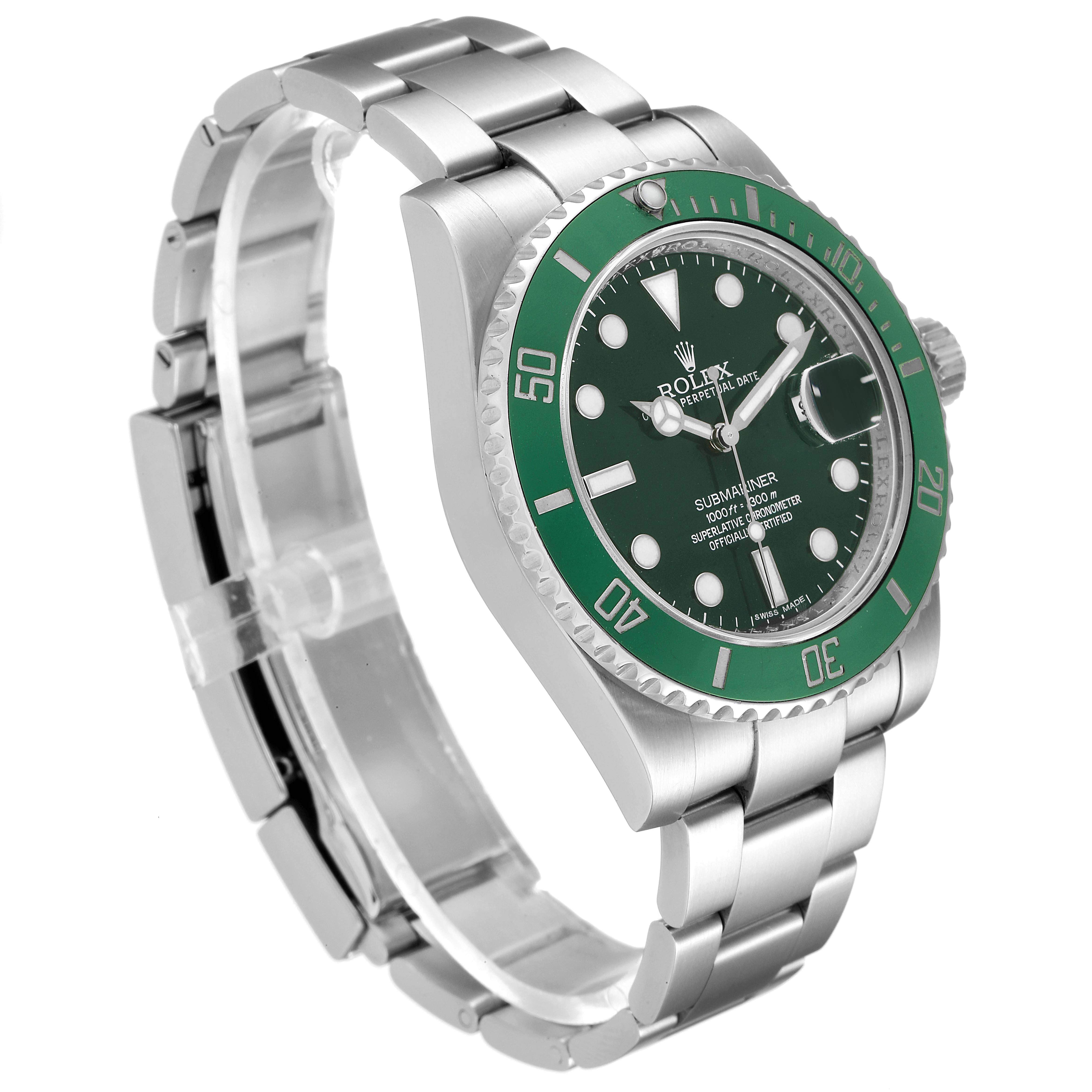 The image shows a Rolex Submariner 116610LV Men's Stainless Steel Green Dial 116610LV Men's Stainless Steel Green Dial watch at a three-quarter angle, highlighting its green bezel, dial, and stainless steel bracelet.