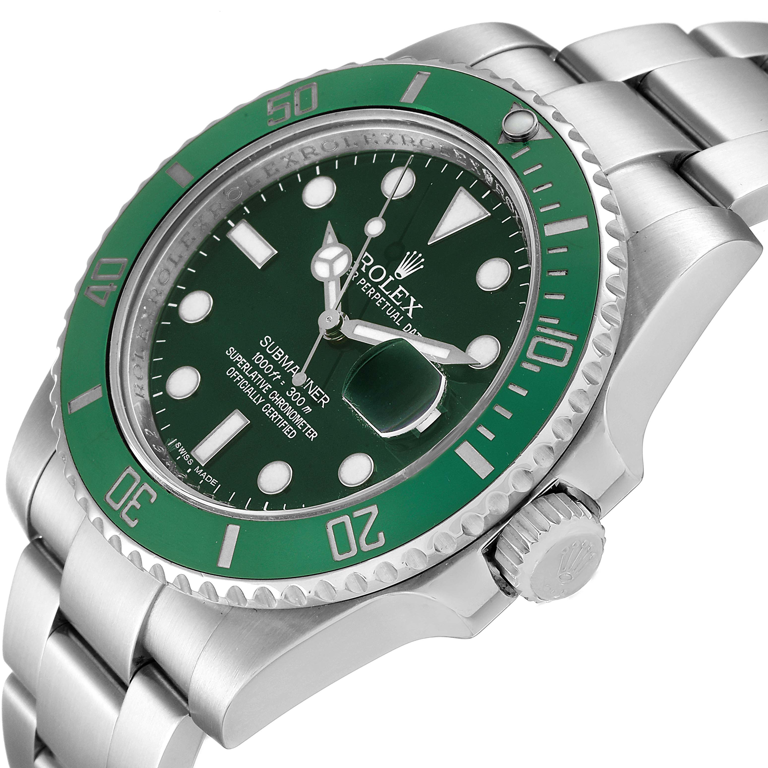 The image shows a Rolex Submariner 116610LV Men's Stainless Steel Green Dial 116610LV Men's Stainless Steel Green Dial watch from a tilted angle, highlighting its green bezel, dial, and part of the stainless steel bracelet.