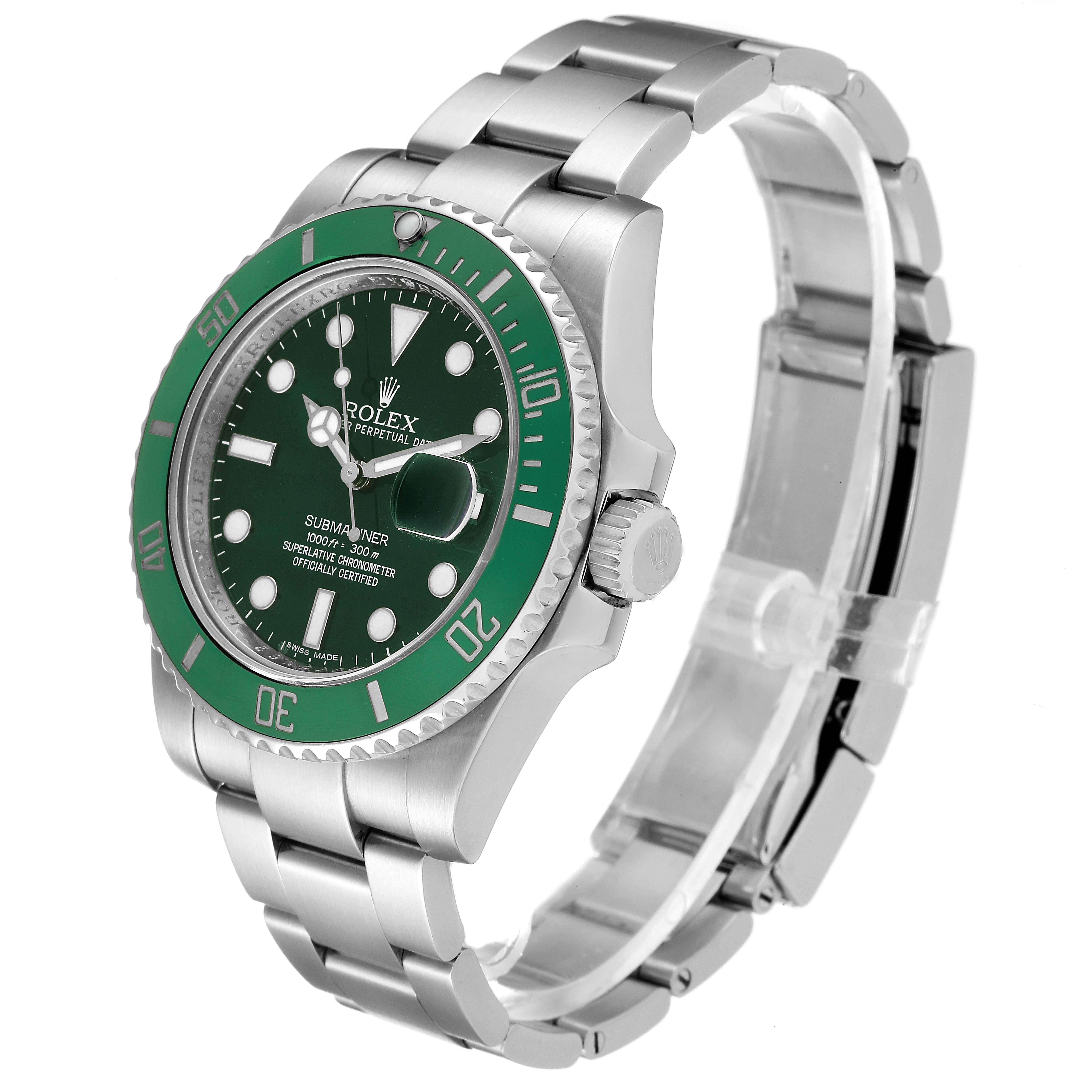 The image shows a side-angle view of a Rolex Submariner 116610LV Men's Stainless Steel Green Dial 116610LV Men's Stainless Steel Green Dial watch, highlighting the bezel, dial, and bracelet.
