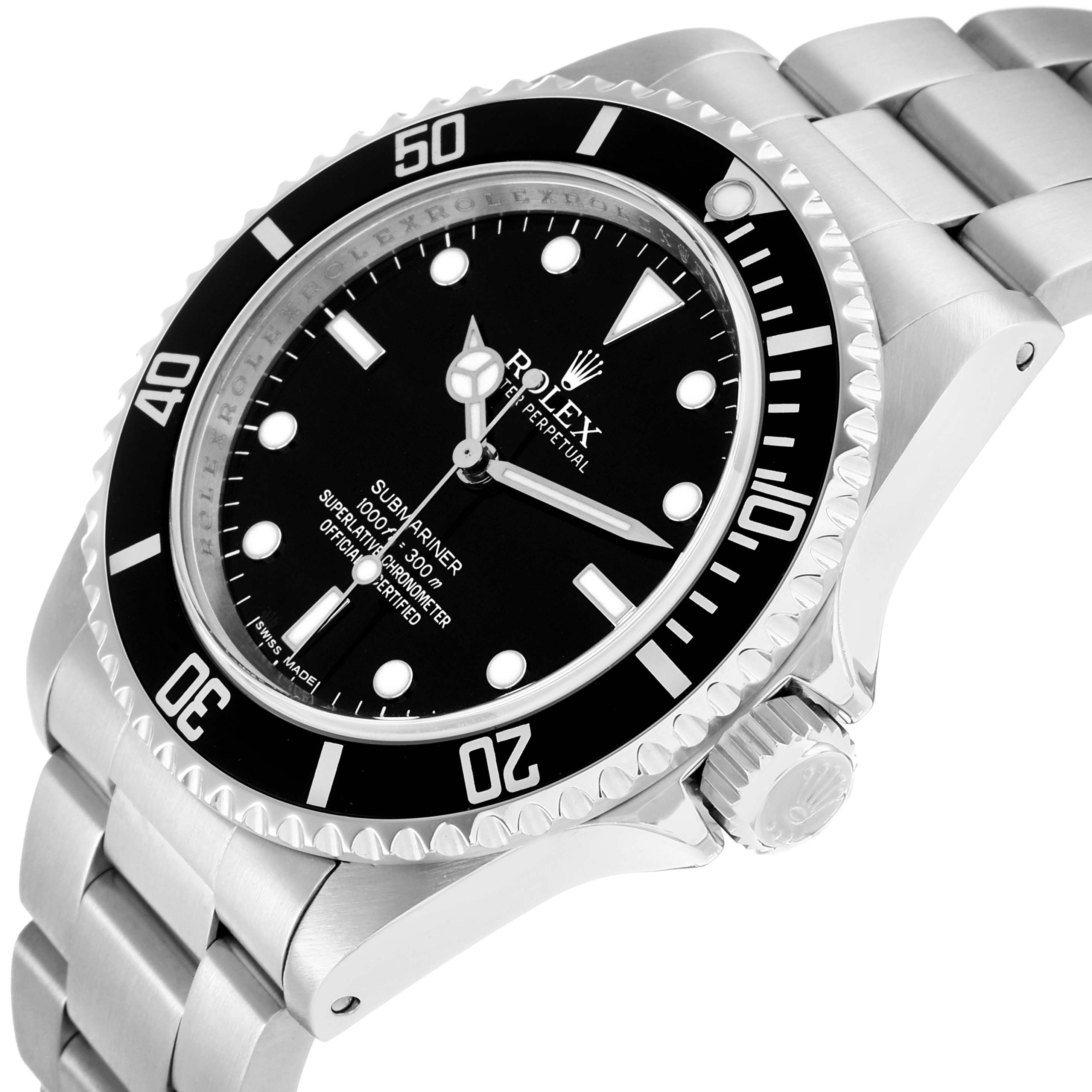 The Rolex Submariner 14060 Men
s Stainless Steel Black Dial watch is shown at a slight angle displaying the dial, bezel, crown, and stainless steel bracelet.