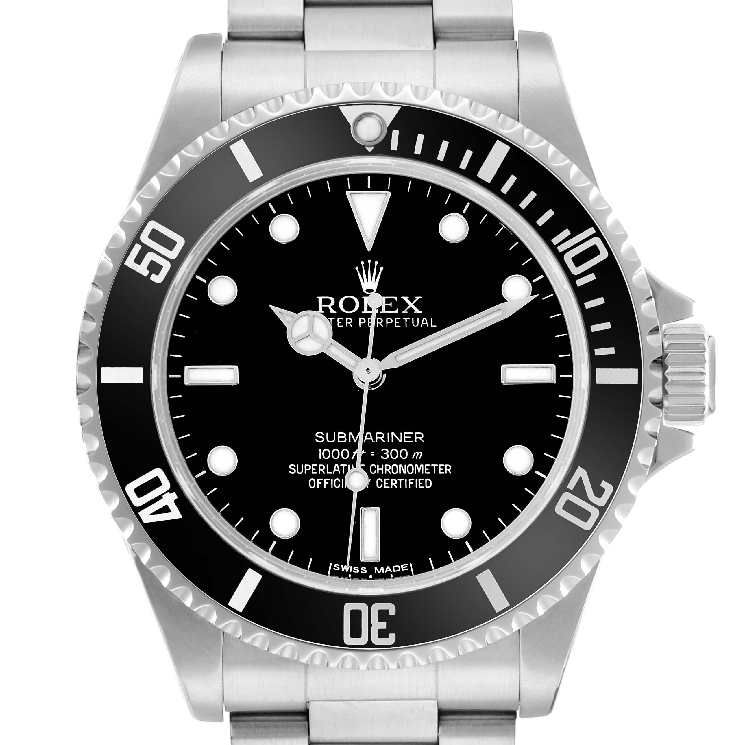 The Rolex Submariner 14060 Men
s Stainless Steel Black Dial watch is shown from the front, displaying the dial, hands, bezel, crown, and bracelet.