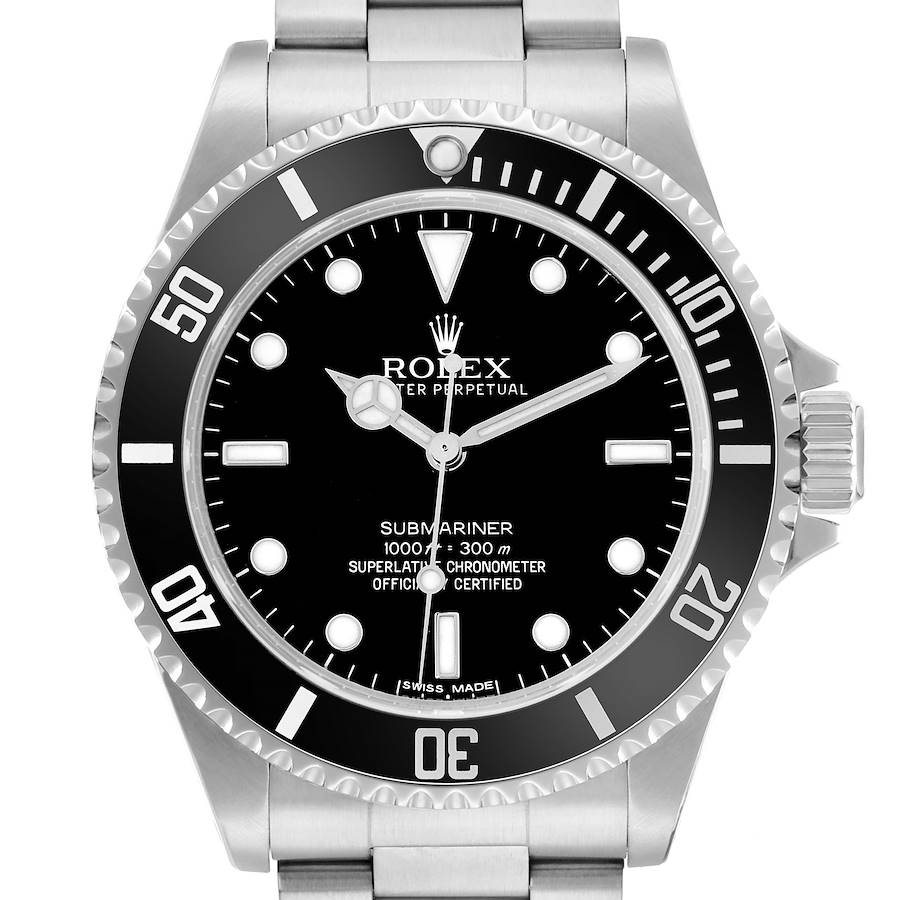 The Rolex Submariner 14060 Men's Stainless Steel Black Dial watch is shown from the front, displaying the dial, hands, bezel, crown, and bracelet.